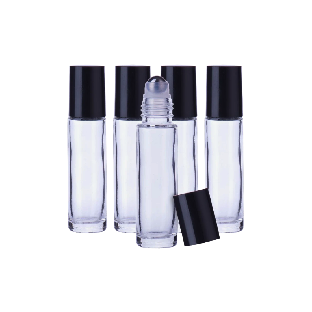 10ml Clear Glass Roller Bottle with Black Lid & Standard Rimless Stainless Steel Rollerball (5 pack)