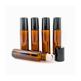 10ml Amber Glass Roller Bottle with Black Lid & Rimless Stainless Steel Rollerball - 5 pack