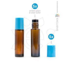 10Ml Amber Glass Roller Bottle With Astronaut (Blue) Lid & Premium Stainless Steel Rollerball 5 Pack