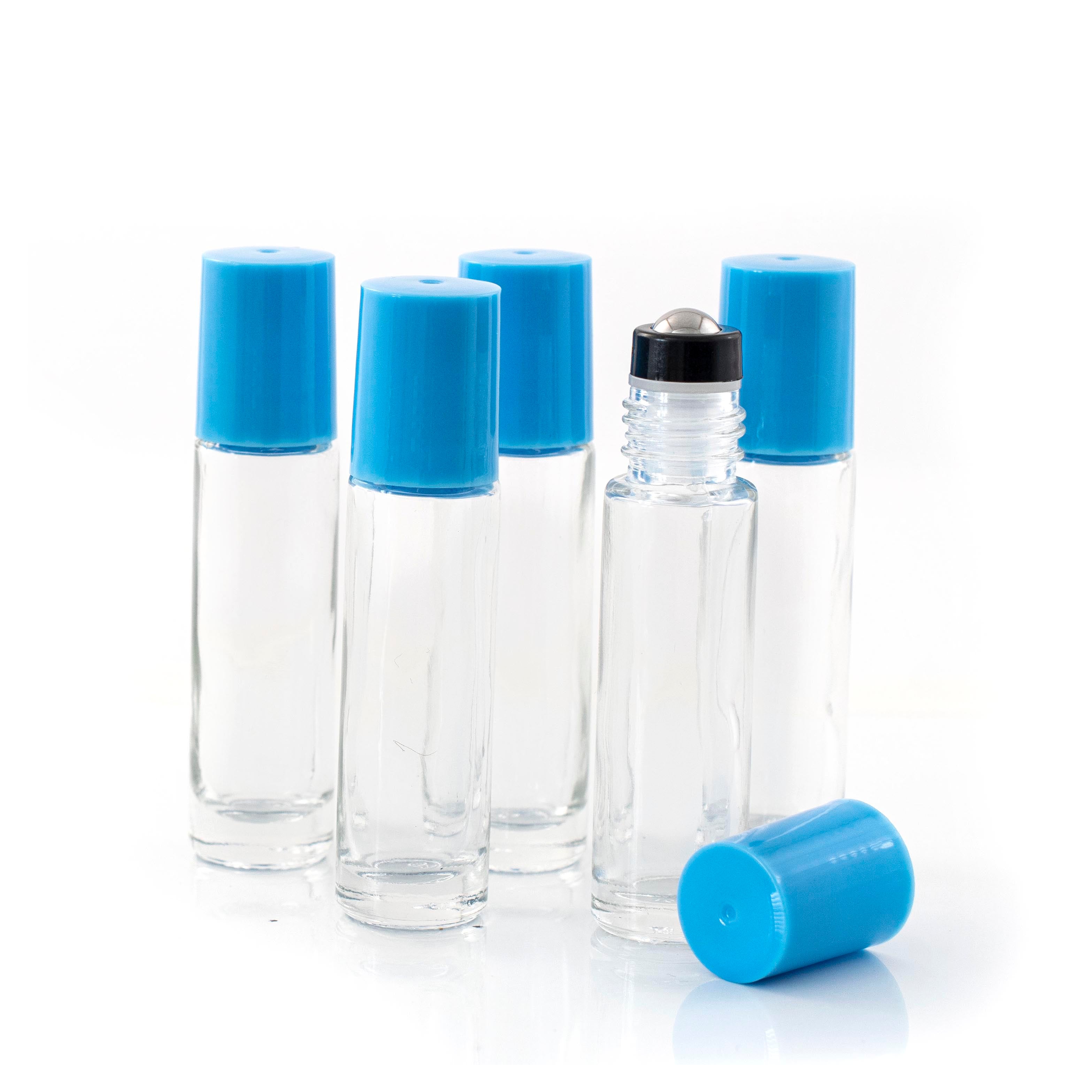 10ml Clear Glass Roller Bottle with Astronaut (Blue) Lid & Premium Stainless Steel Rollerball – 5 pack