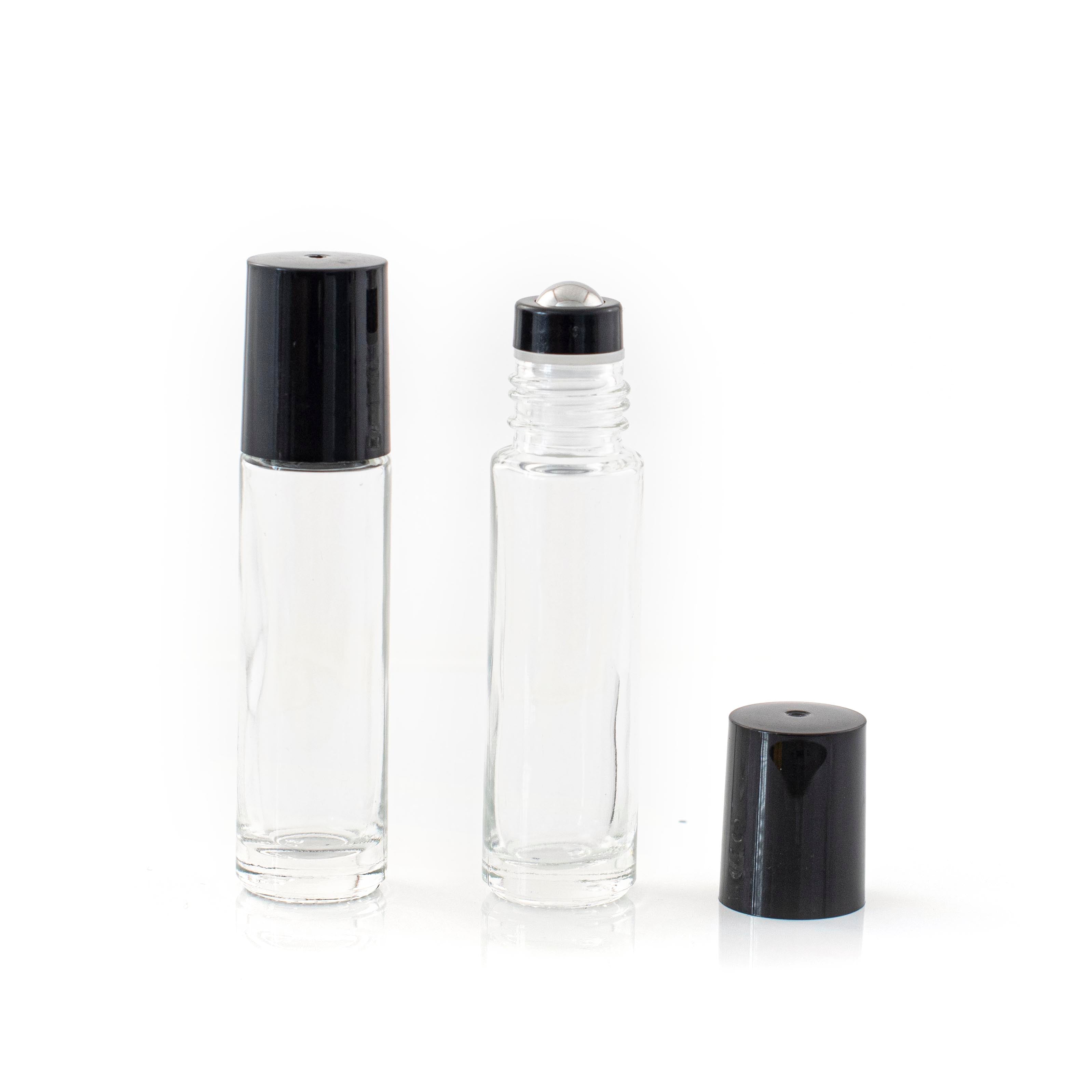 10ml Clear Glass Roller Bottle with Black Lid & Stainless Steel Rollerball (5 pack)