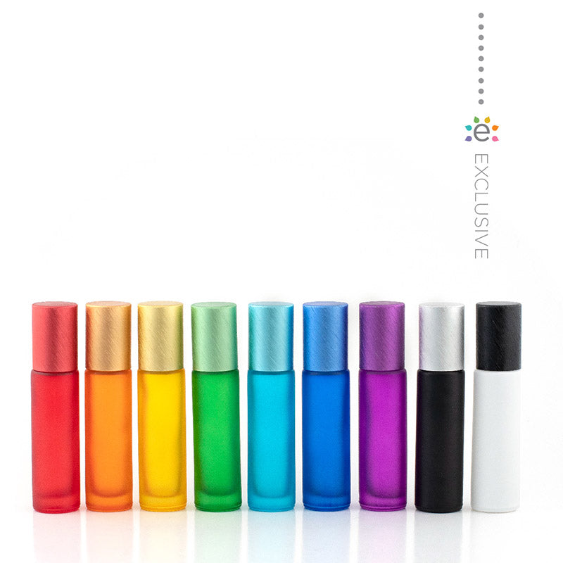 Deluxe 10ml Frosted Multi-coloured roller bottles with Metallic Caps and Travel Case (set of 9 bottles)
