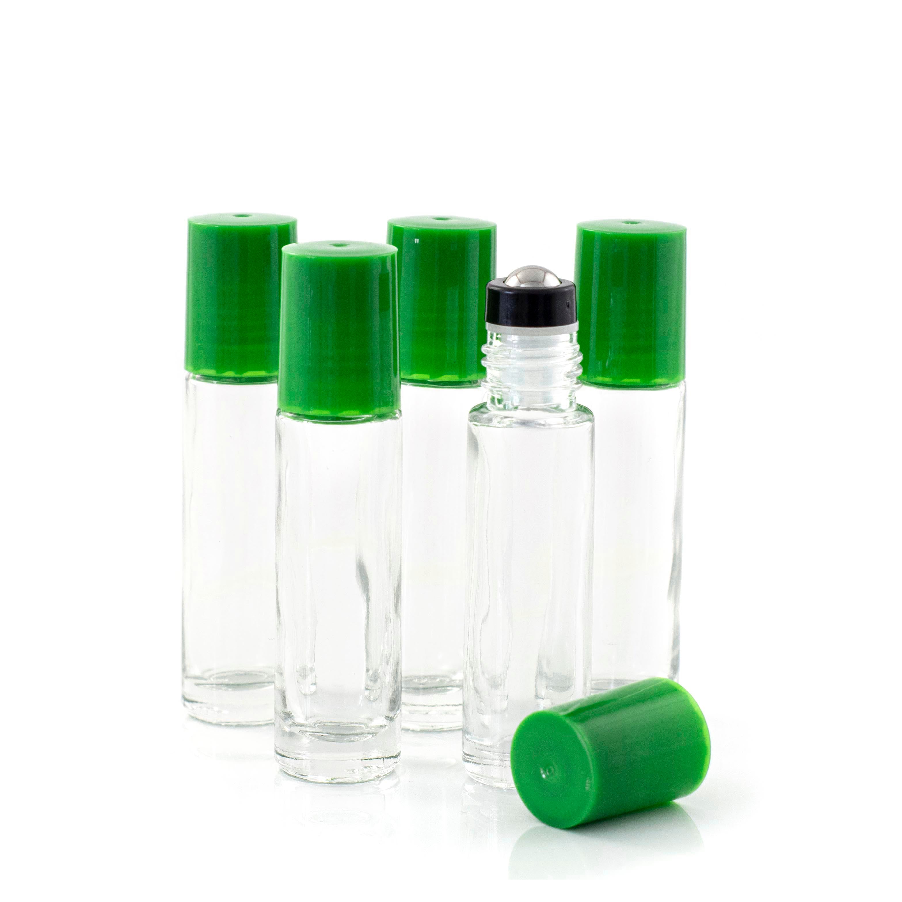 10ml Clear Glass Roller Bottle with Fern (Green) Lid & Premium Stainless Steel Rollerball – 5 pack