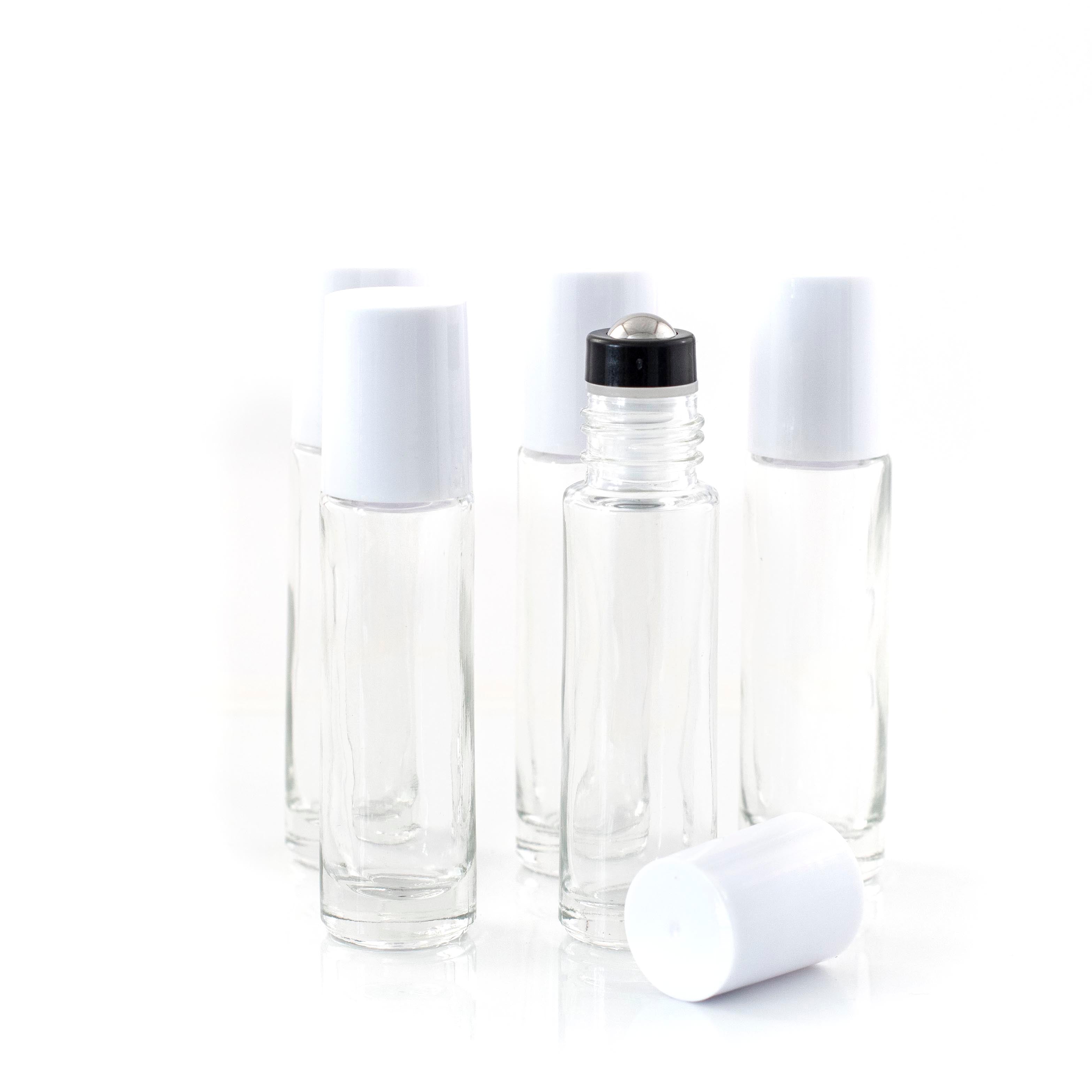 10ml Clear Glass Roller Bottle with Snow (White) Lid & Premium Stainless Steel Rollerball – 5 pack