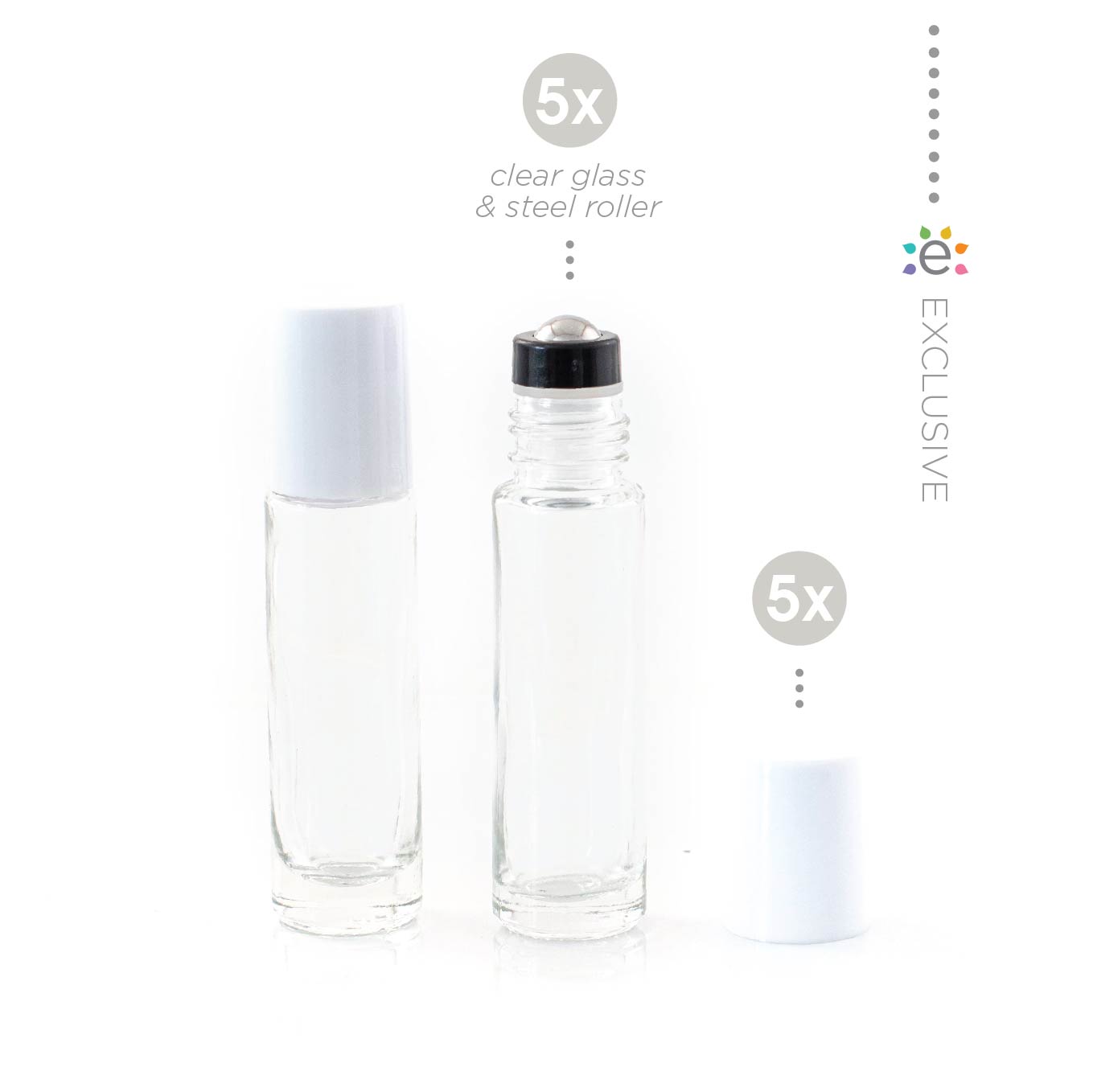 10ml Clear Glass Roller Bottle with Snow (White) Lid & Premium Stainless Steel Rollerball – 5 pack