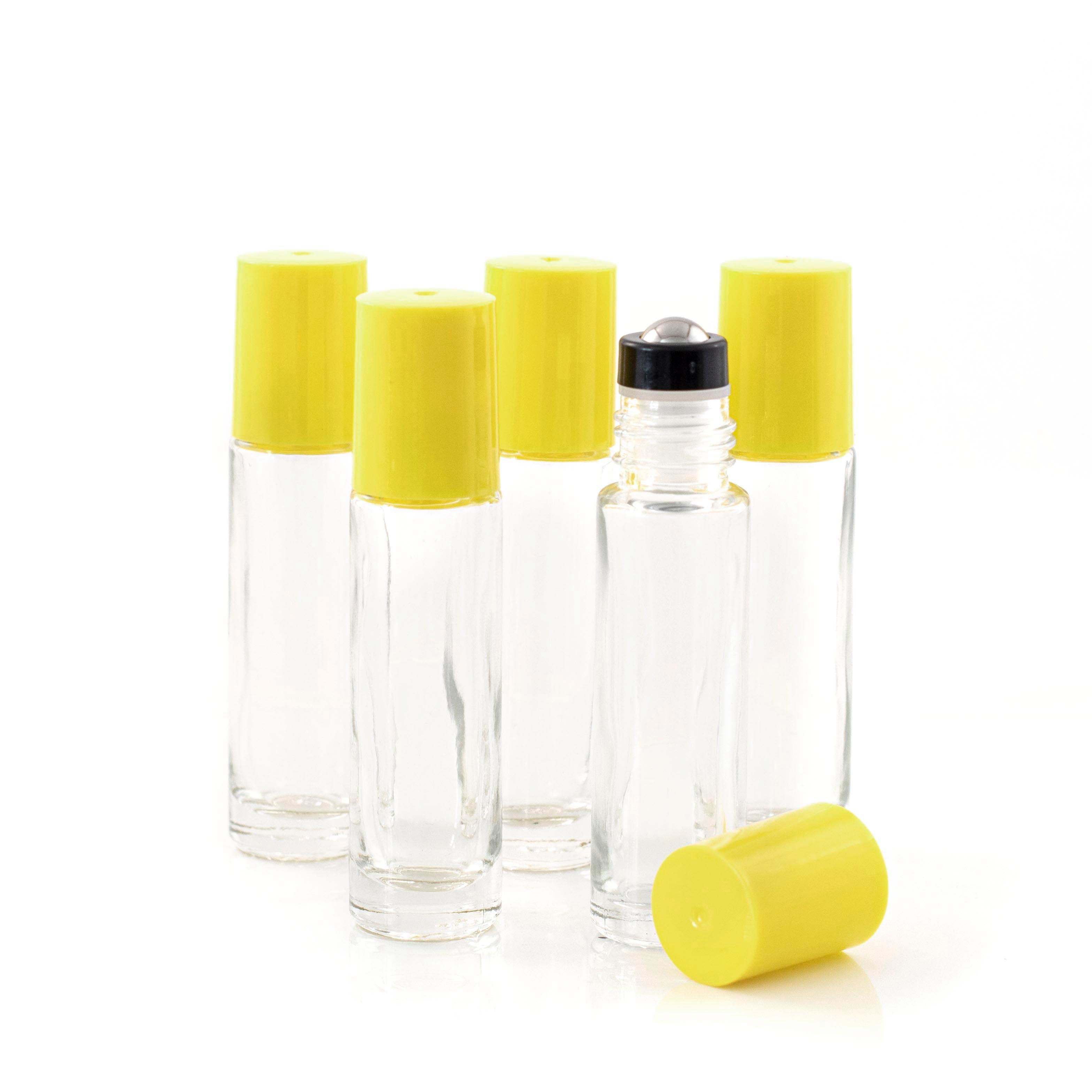 10ml Clear Glass Roller Bottle with Confetti (Yellow) Lid & Premium Stainless Steel Rollerball – 5 pack