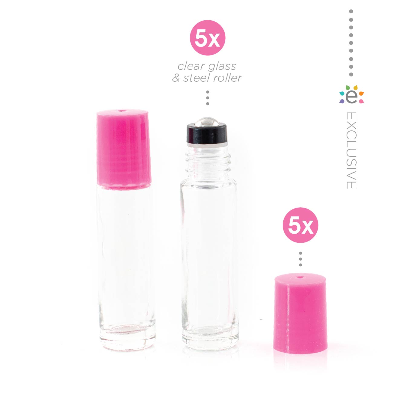 10ml Clear Glass Roller Bottle with Tutu (Pink) Lid & Premium Stainless Steel Rollerball – 5 pack