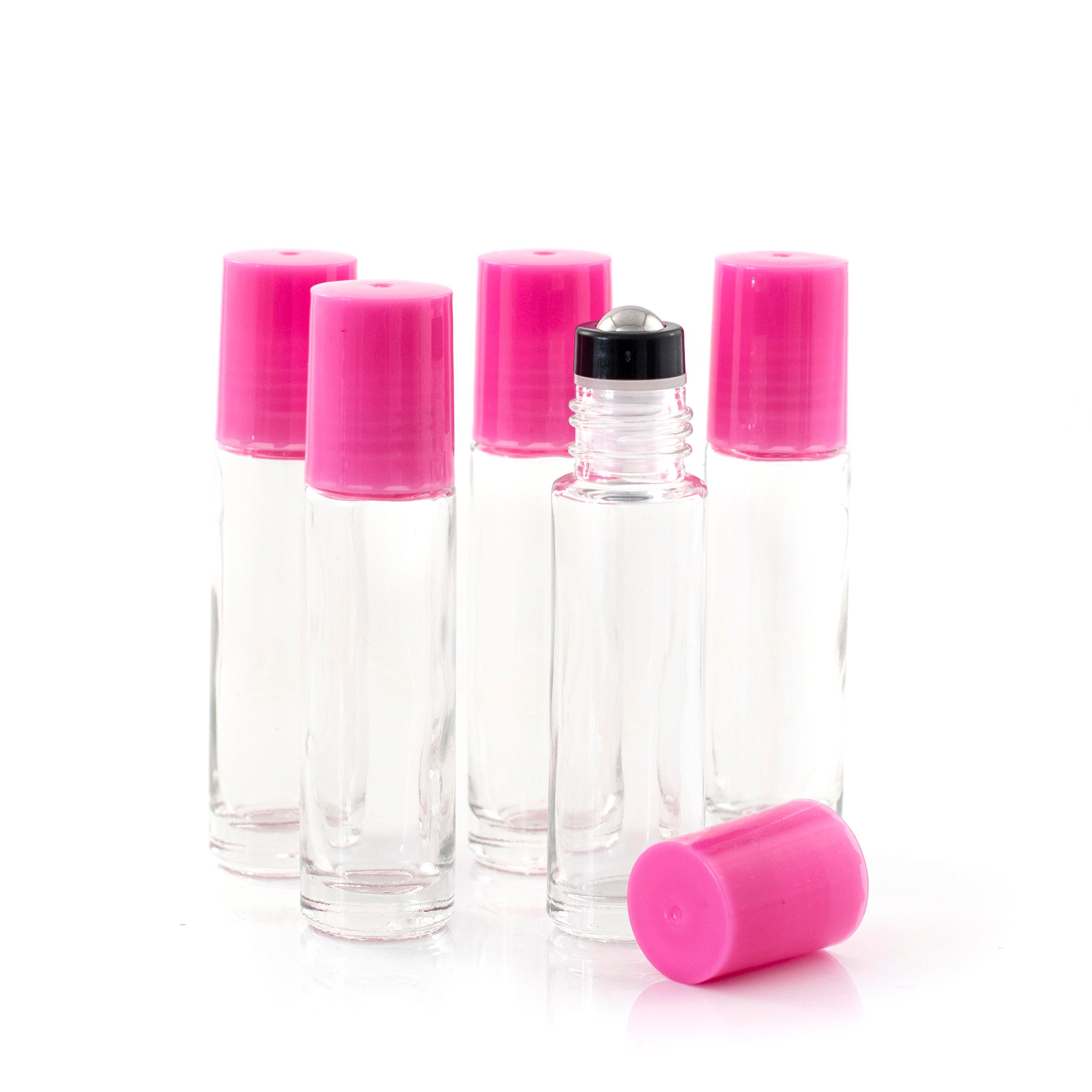 10ml Clear Glass Roller Bottle with Tutu (Pink) Lid & Premium Stainless Steel Rollerball – 5 pack