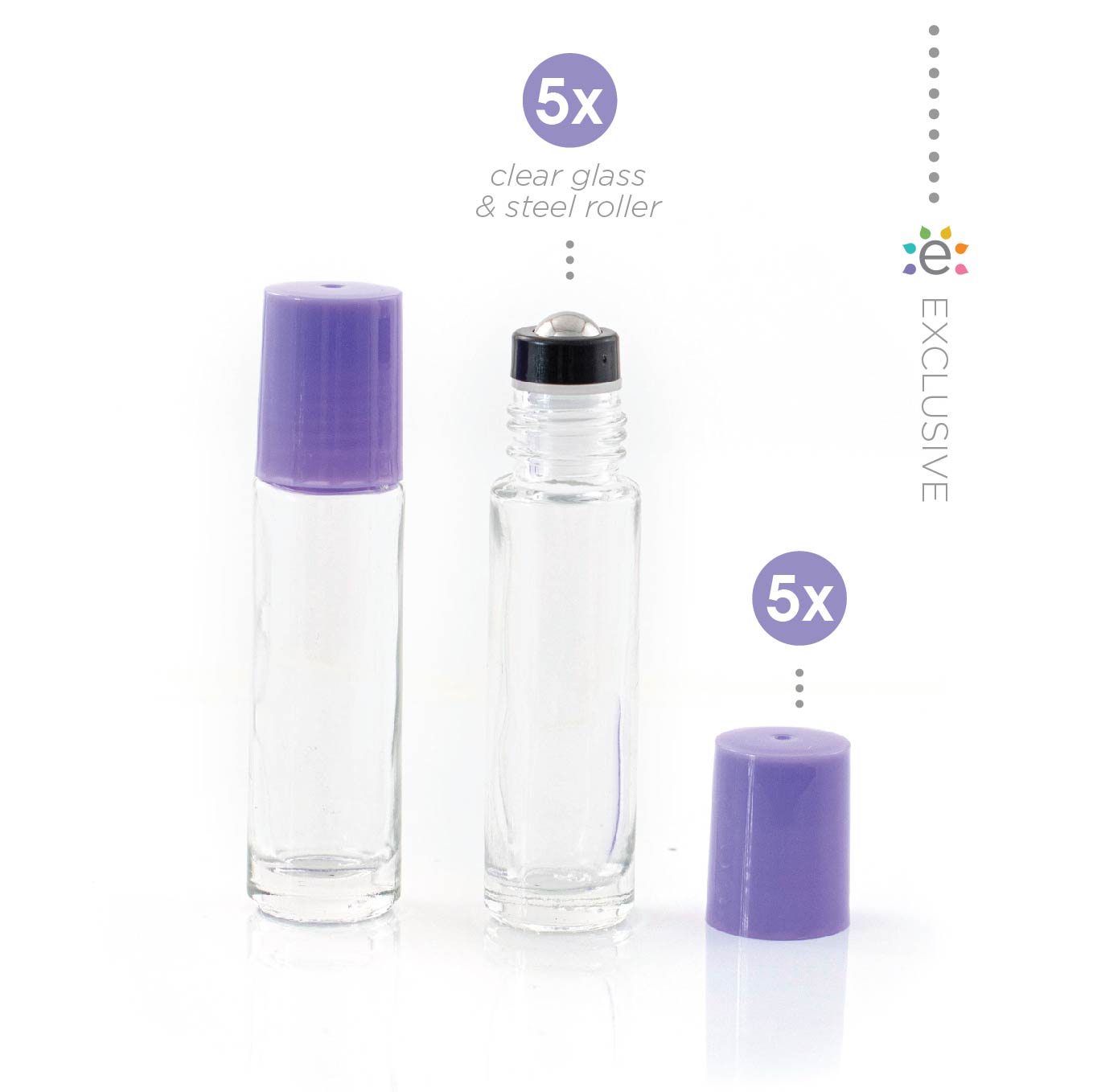 10ml Clear Glass Roller Bottle with Amethyst (Purple) Lid & Premium Stainless Steel Rollerball – 5 pack
