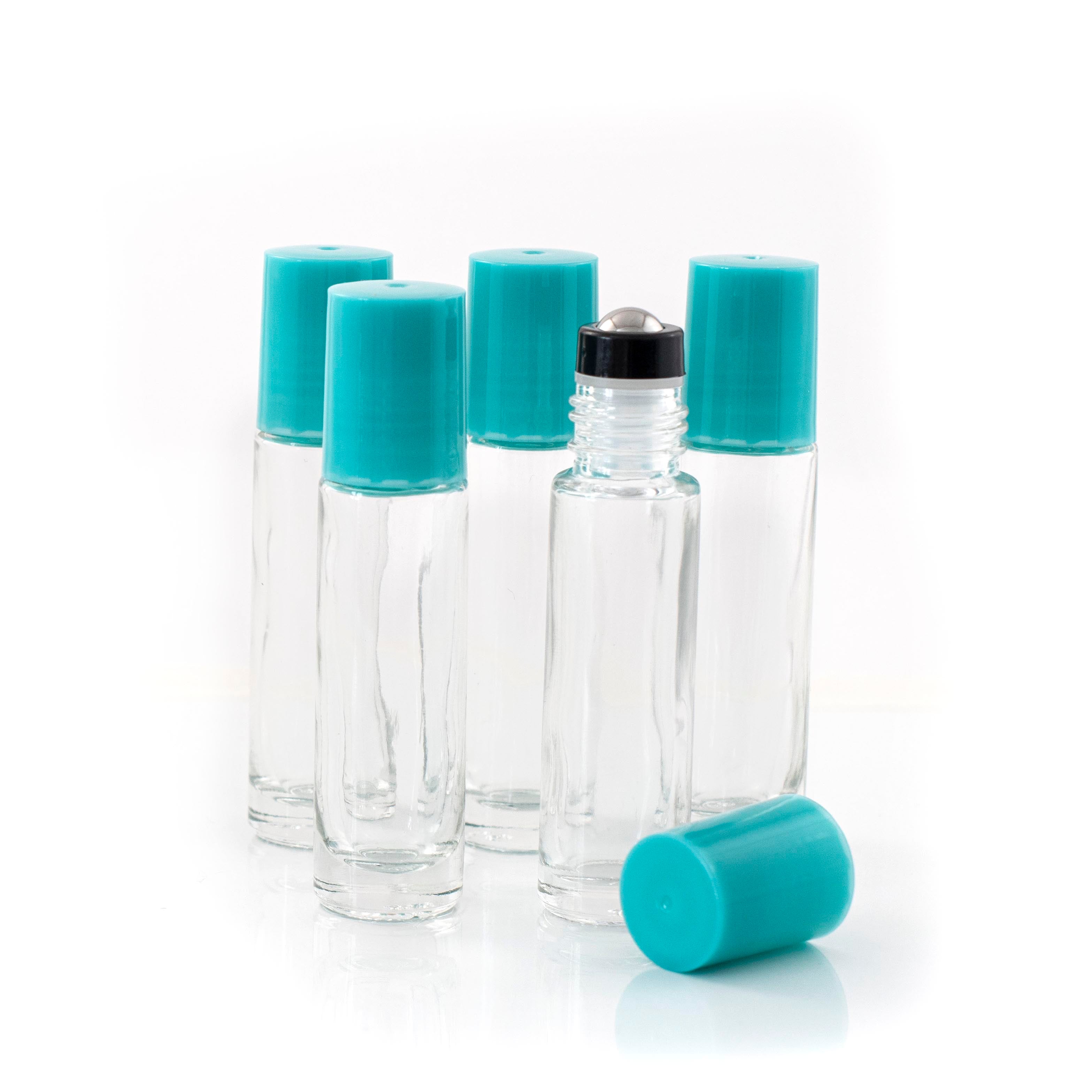 10ml Clear Glass Roller Bottle with Mermaid Tail (Teal) Lid & Premium Stainless Steel Rollerball – 5 pack
