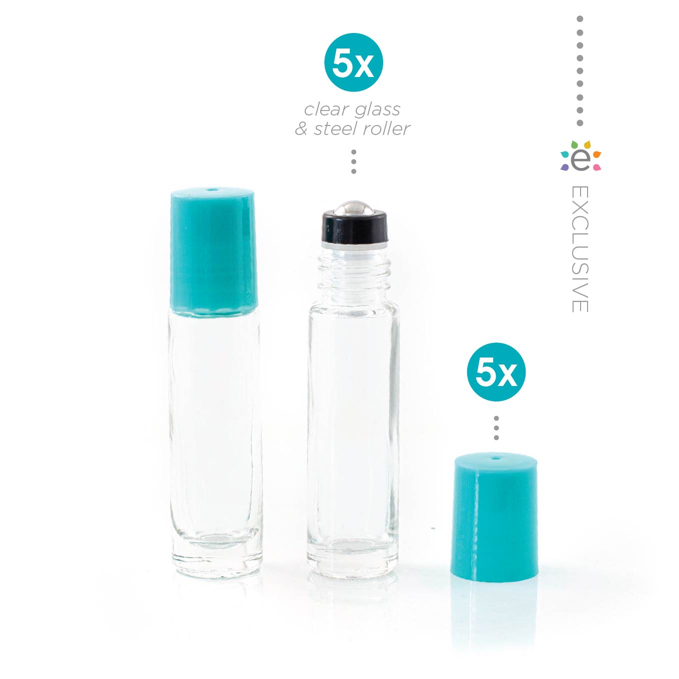 10ml Clear Glass Roller Bottle with Mermaid Tail (Teal) Lid & Premium Stainless Steel Rollerball – 5 pack
