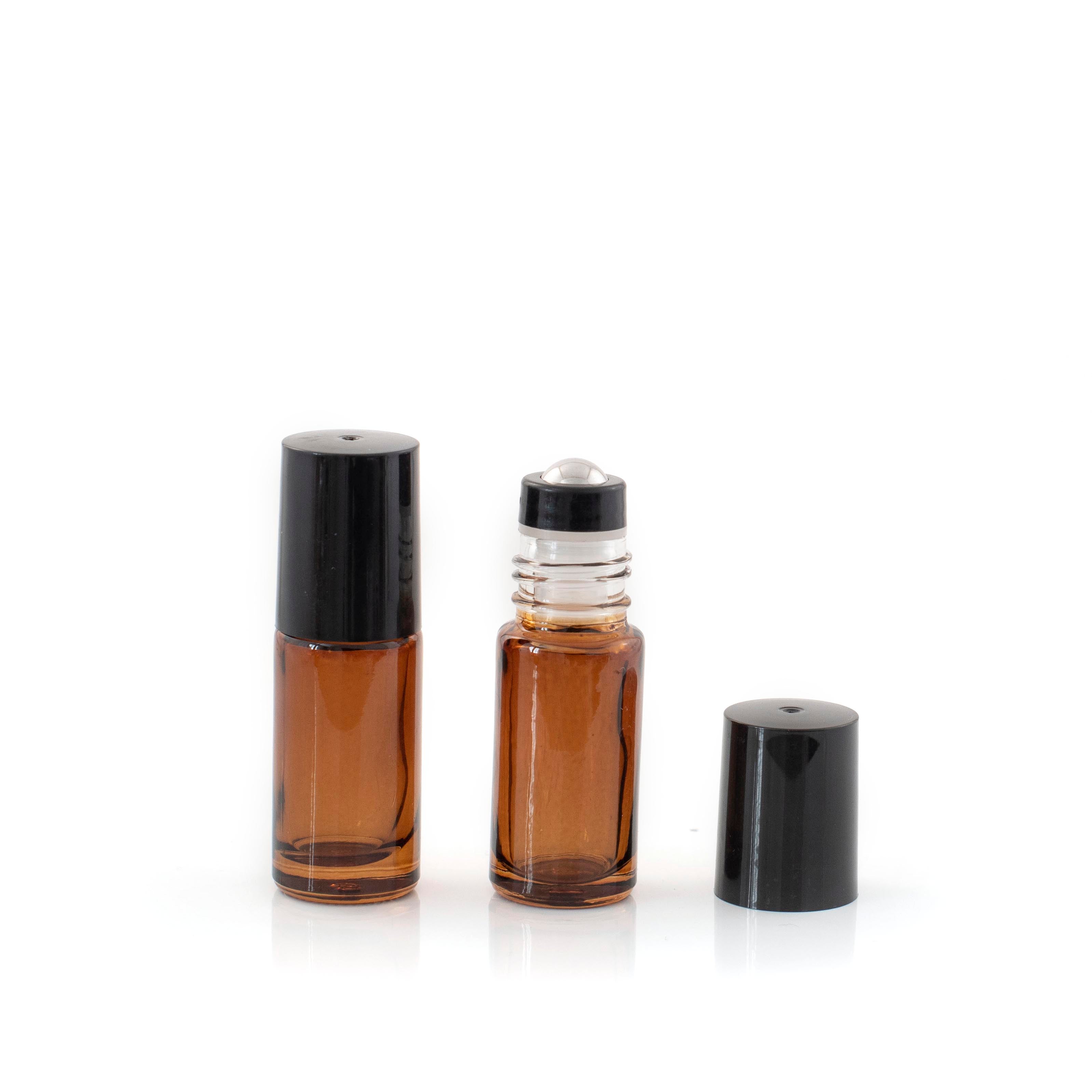 5ml Amber Glass Roller Bottle with Black Lid & Stainless Steel Rollerball (5 packs)