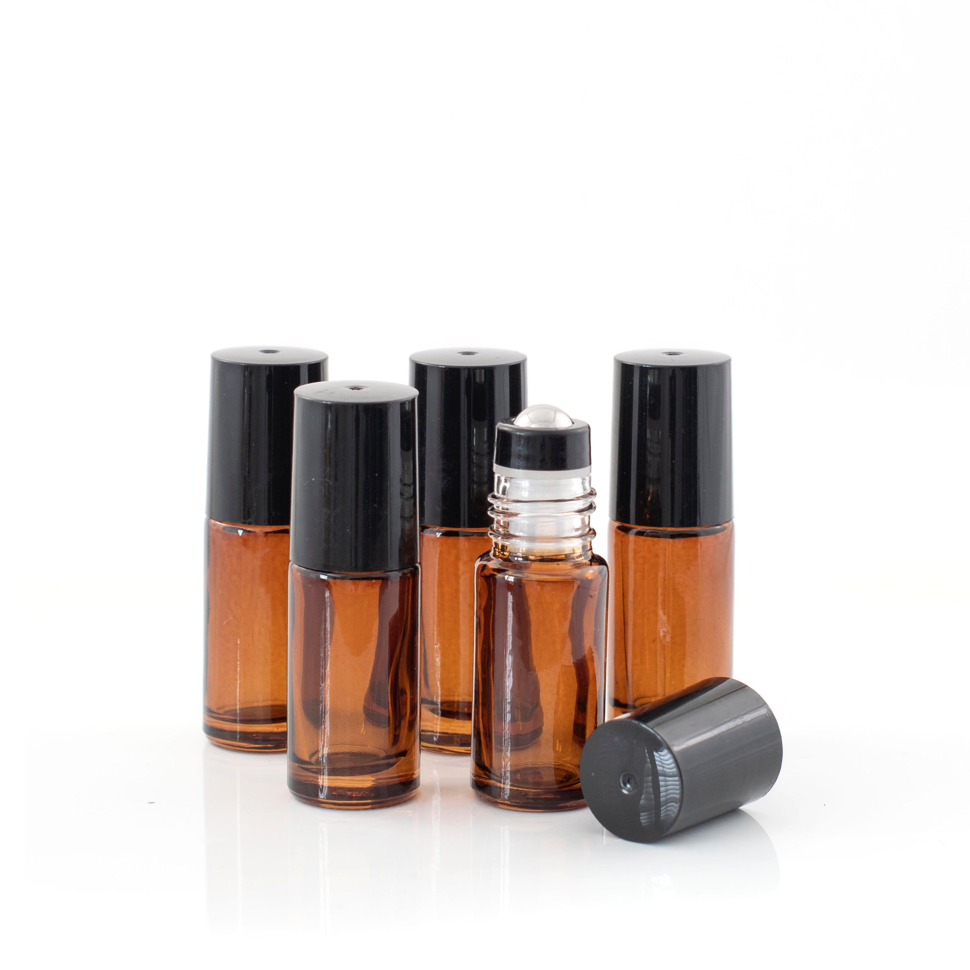 5ml Amber Glass Roller Bottle with Black Lid & Stainless Steel Rollerball (5 packs)