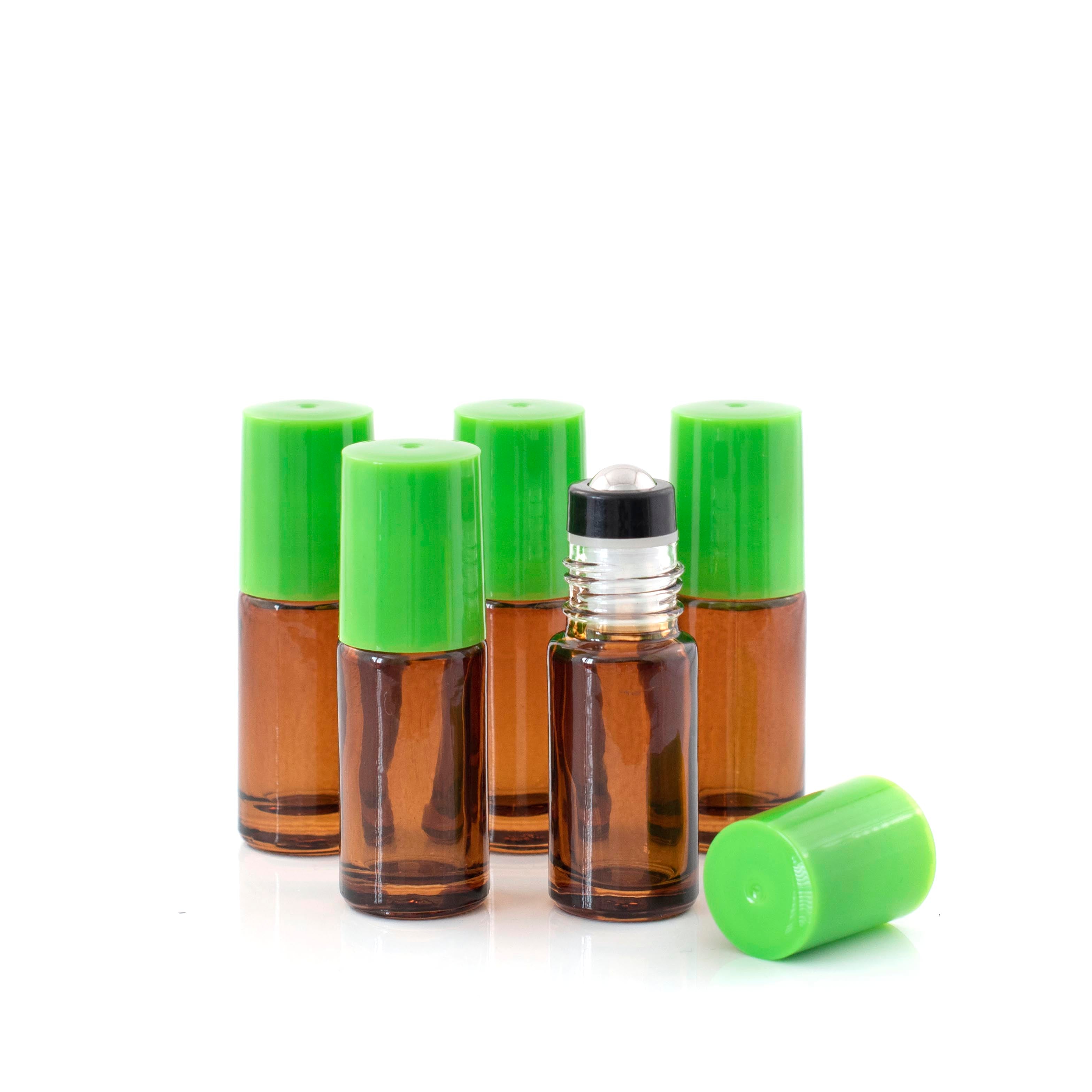 5ml Amber Glass Roller Bottle with Fern (Green) Lid & Premium Stainless Steel Rollerball – 5 pack