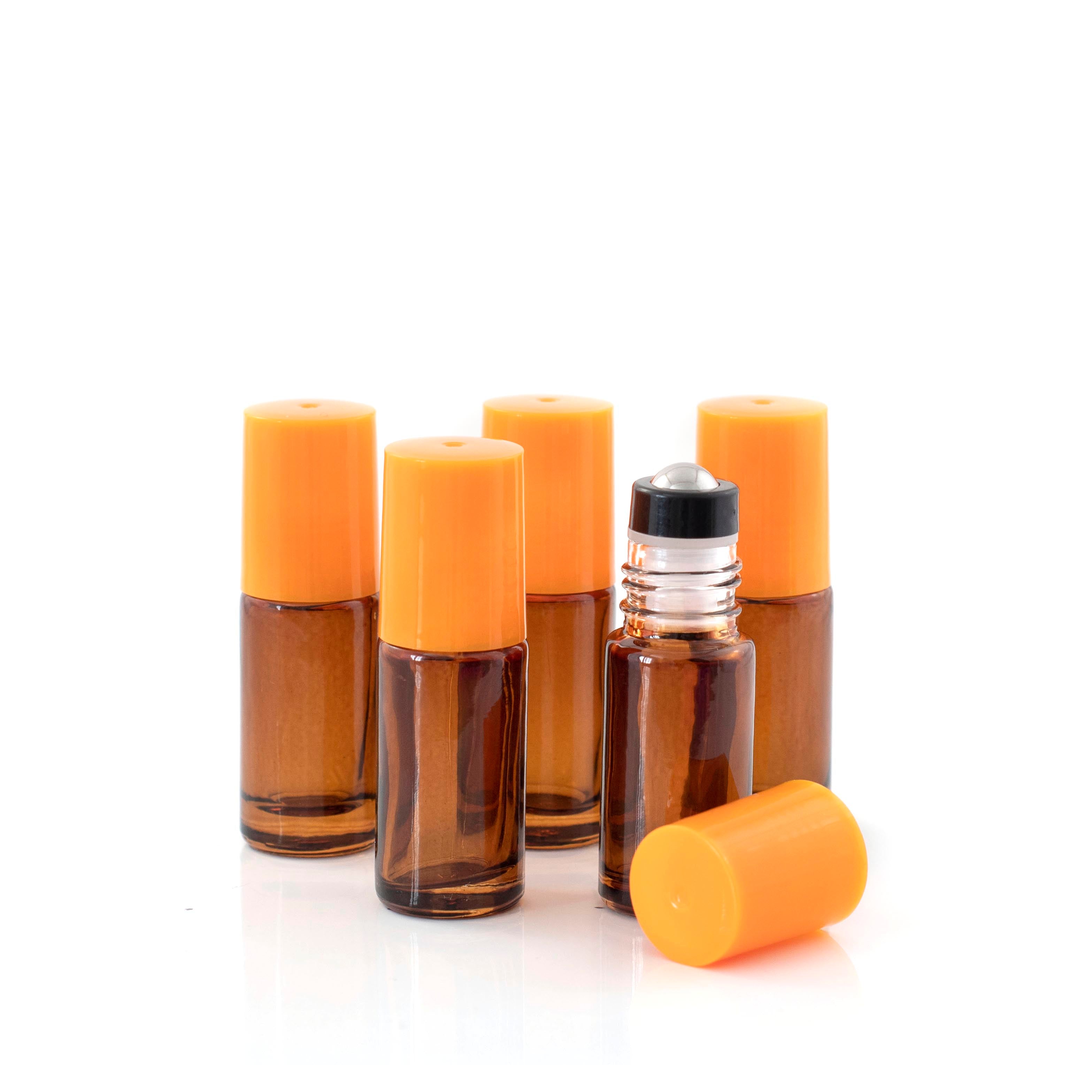 5ml Amber Glass Roller Bottle with Tangerine (Orange) Lid & Premium Stainless Steel Rollerball – 5 pack