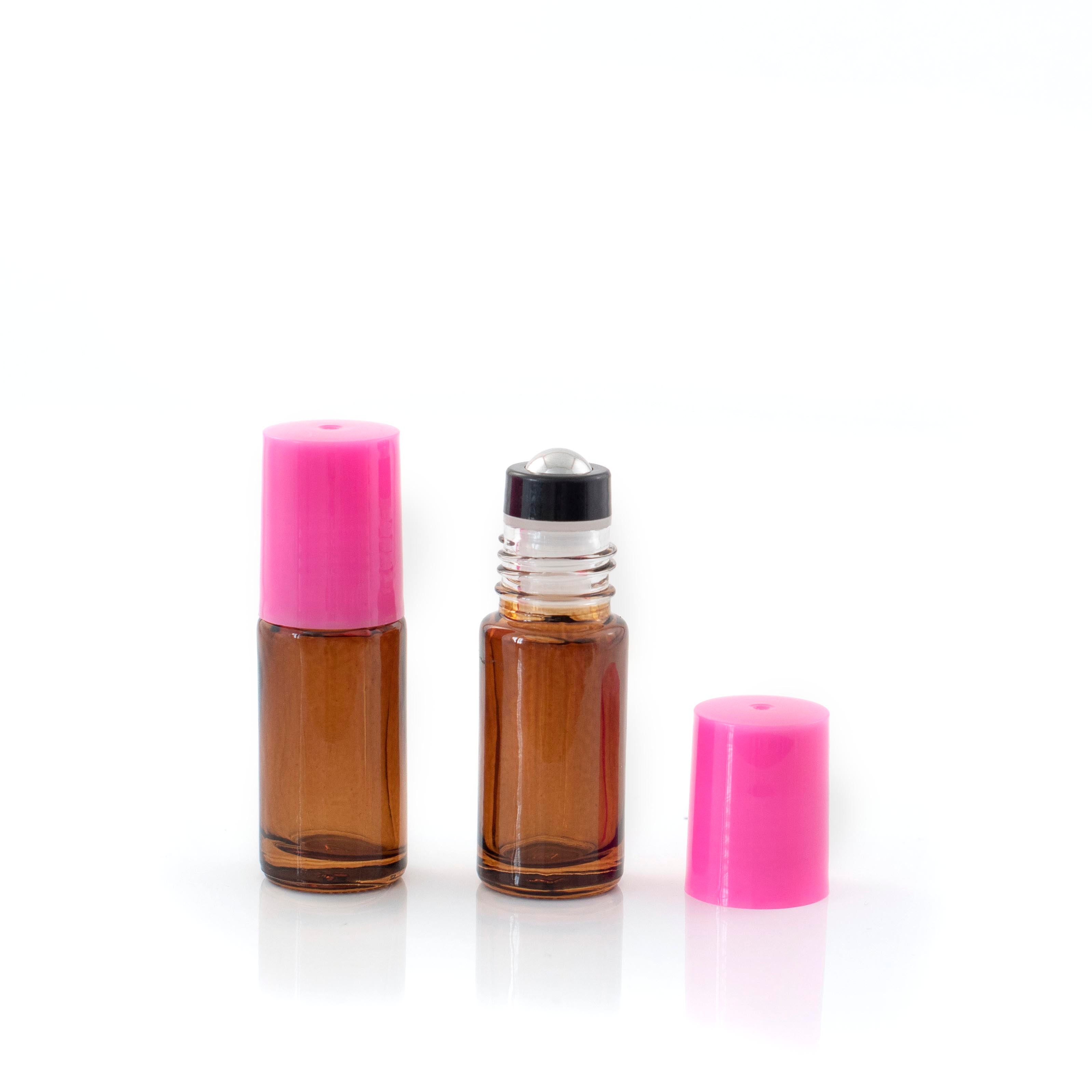 5ml Amber Glass Roller Bottle with Tutu (Pink) Lid & Premium Stainless Steel Rollerball – 5 pack