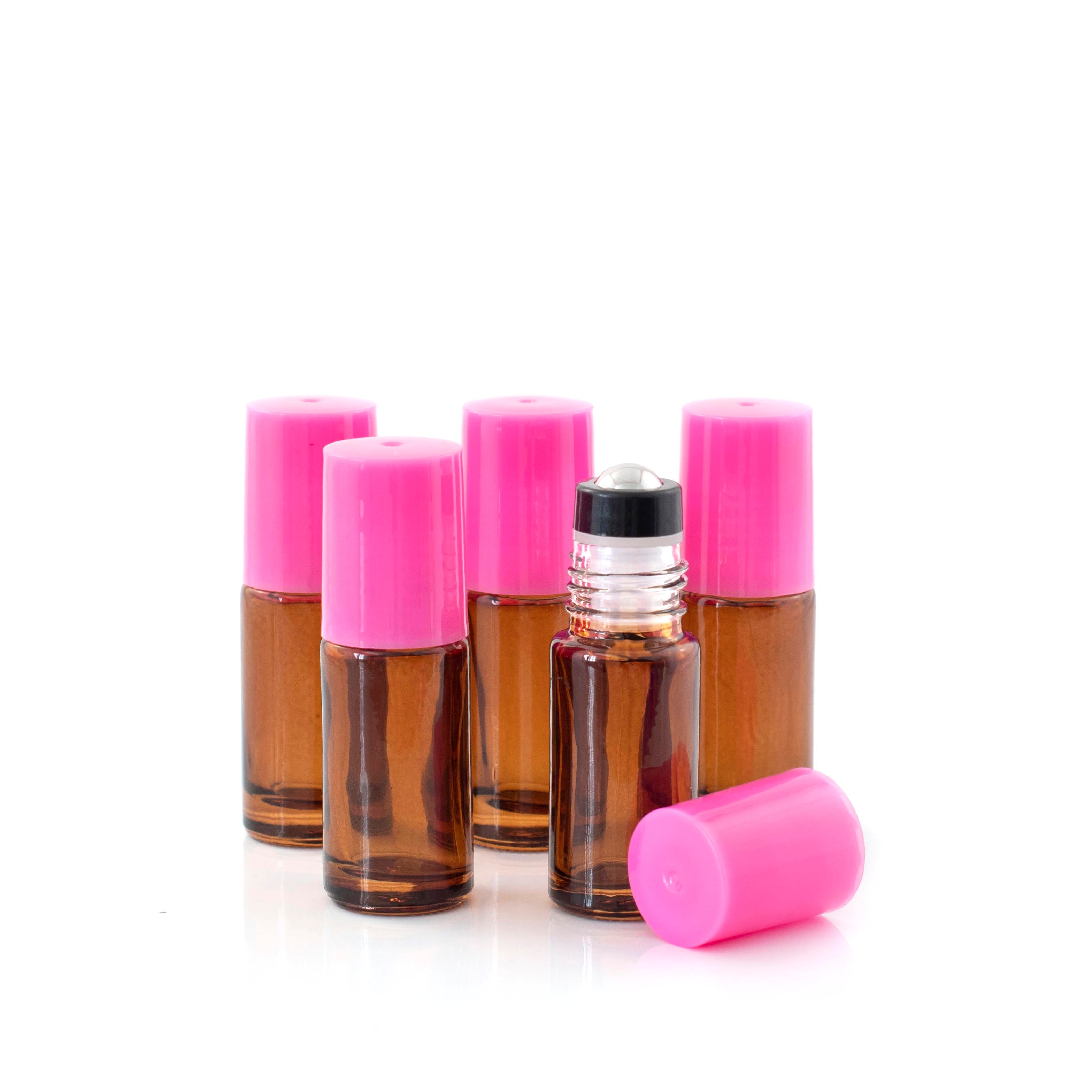 5ml Amber Glass Roller Bottle with Tutu (Pink) Lid & Premium Stainless Steel Rollerball – 5 pack