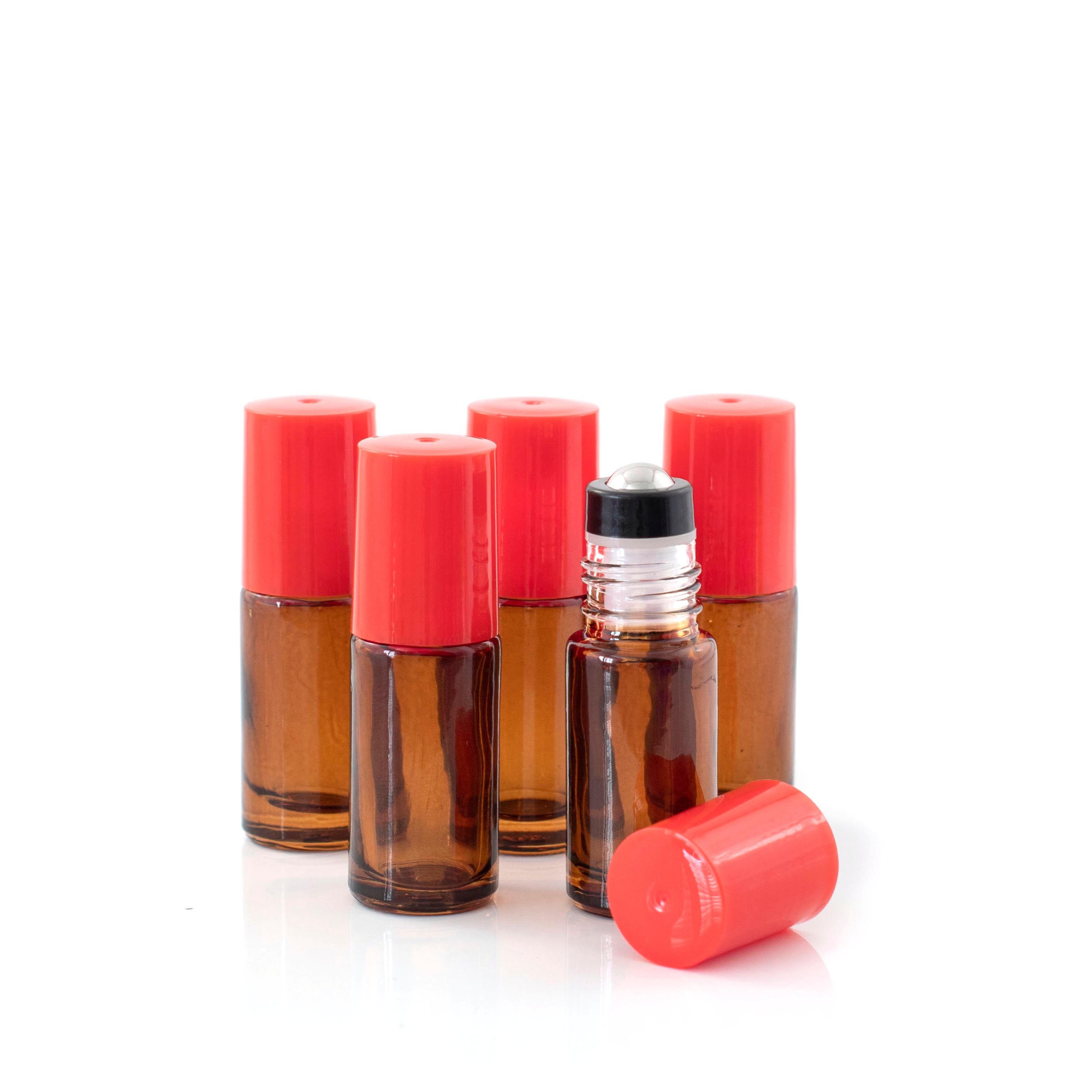 5ml Amber Glass Roller Bottle with Lipstick Kiss (Red) Lid & Premium Stainless Steel Rollerball – 5 pack