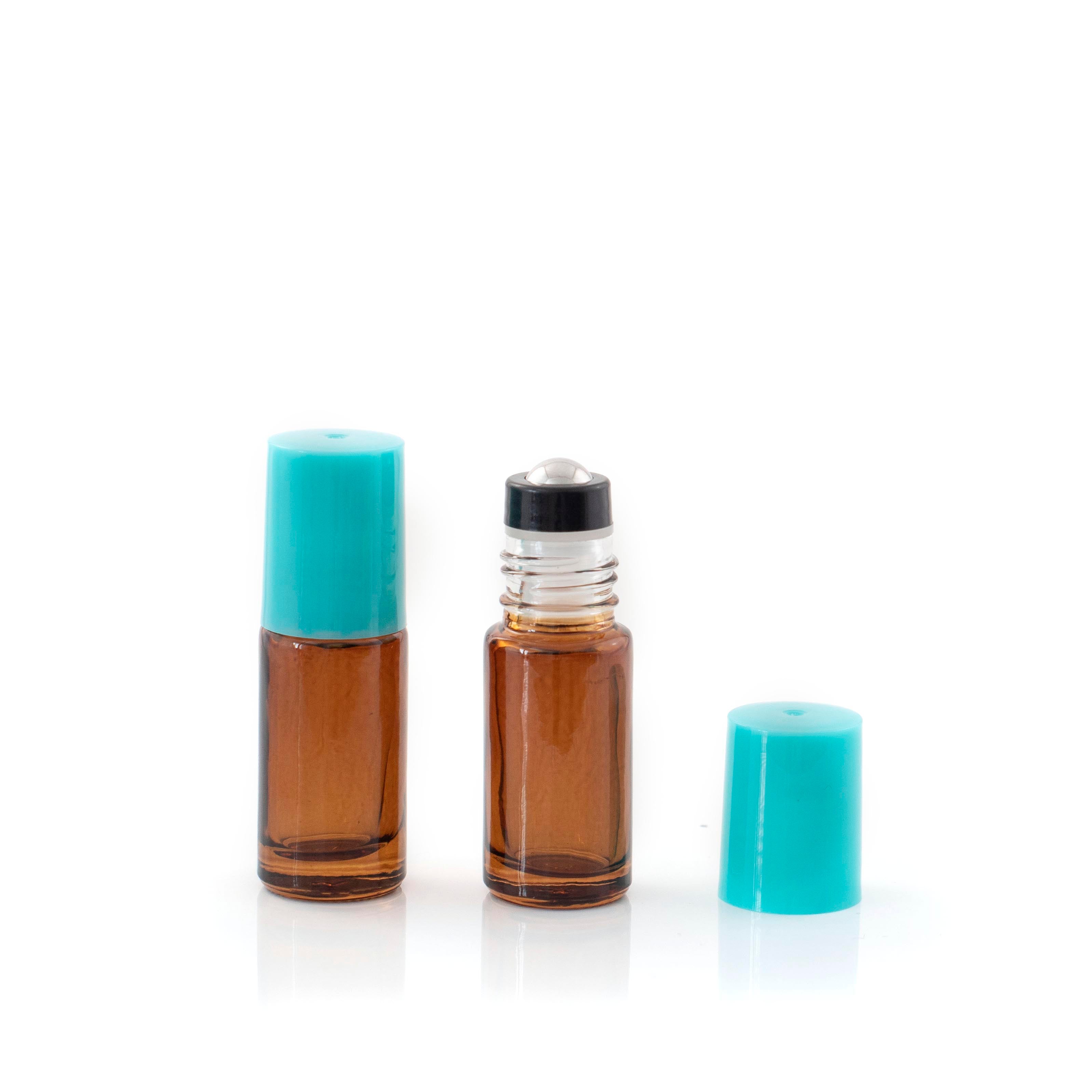 5ml Amber Glass Roller Bottle with Mermaid Tail (Teal) Lid & Premium Stainless Steel Rollerball – 5 pack