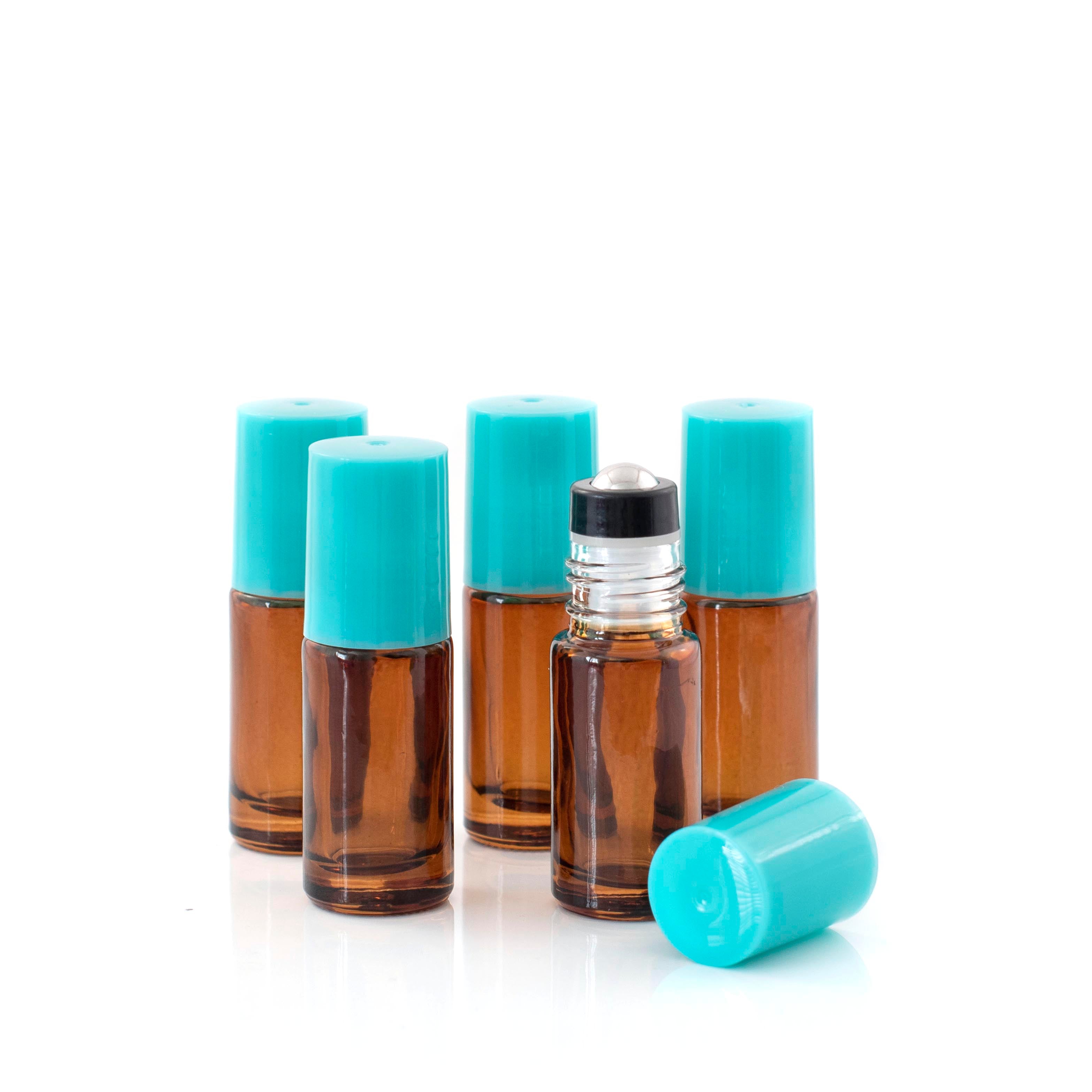 5ml Amber Glass Roller Bottle with Mermaid Tail (Teal) Lid & Premium Stainless Steel Rollerball – 5 pack