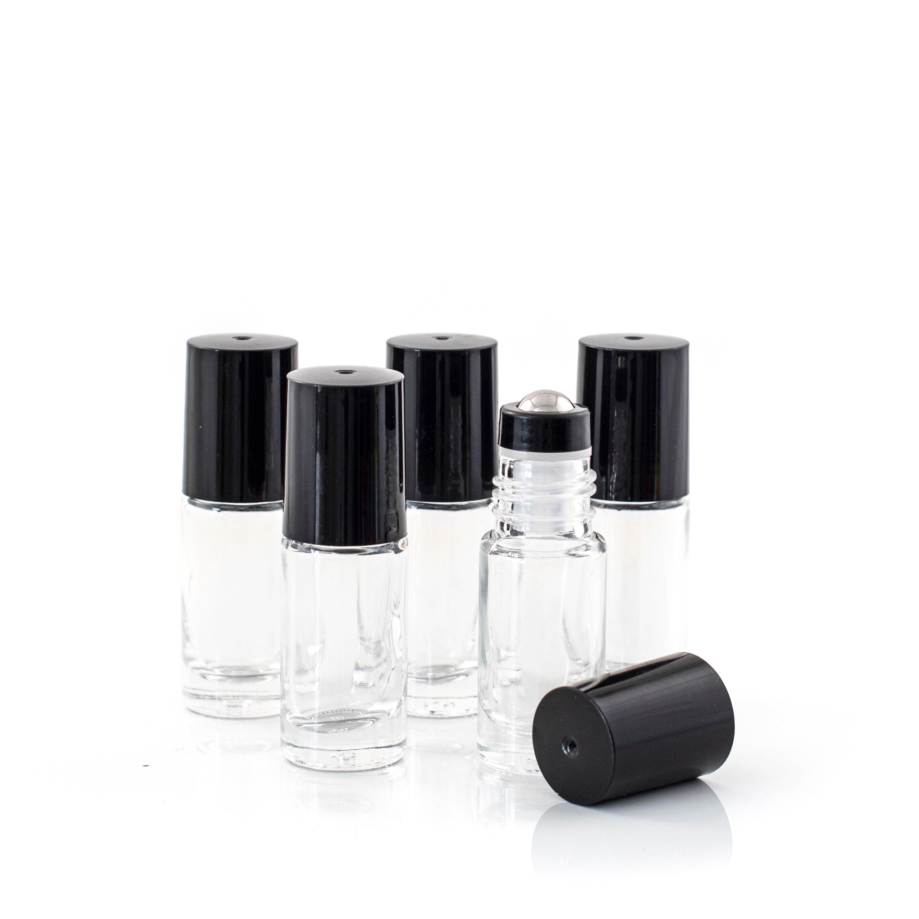5ml Clear Glass Roller Bottle with Black Lid & Stainless Steel Rollerball (5 packs)