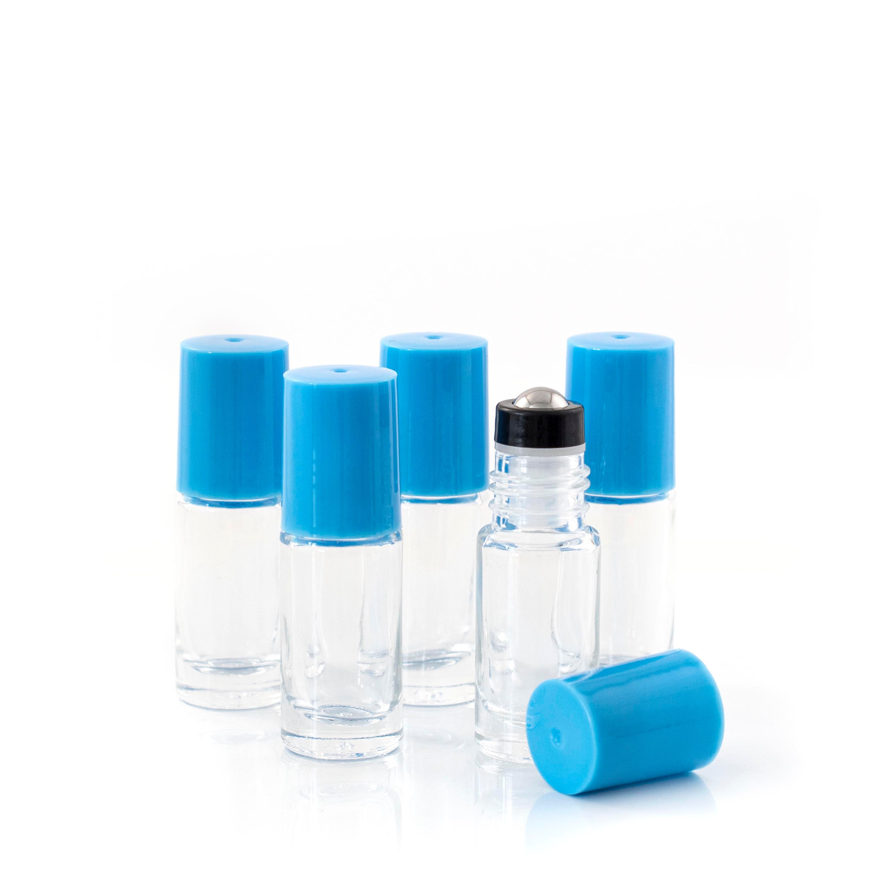 5ml Clear Glass Roller Bottle with Astronaut (Blue) Lid & Premium Stainless Steel Rollerball – 5 pack