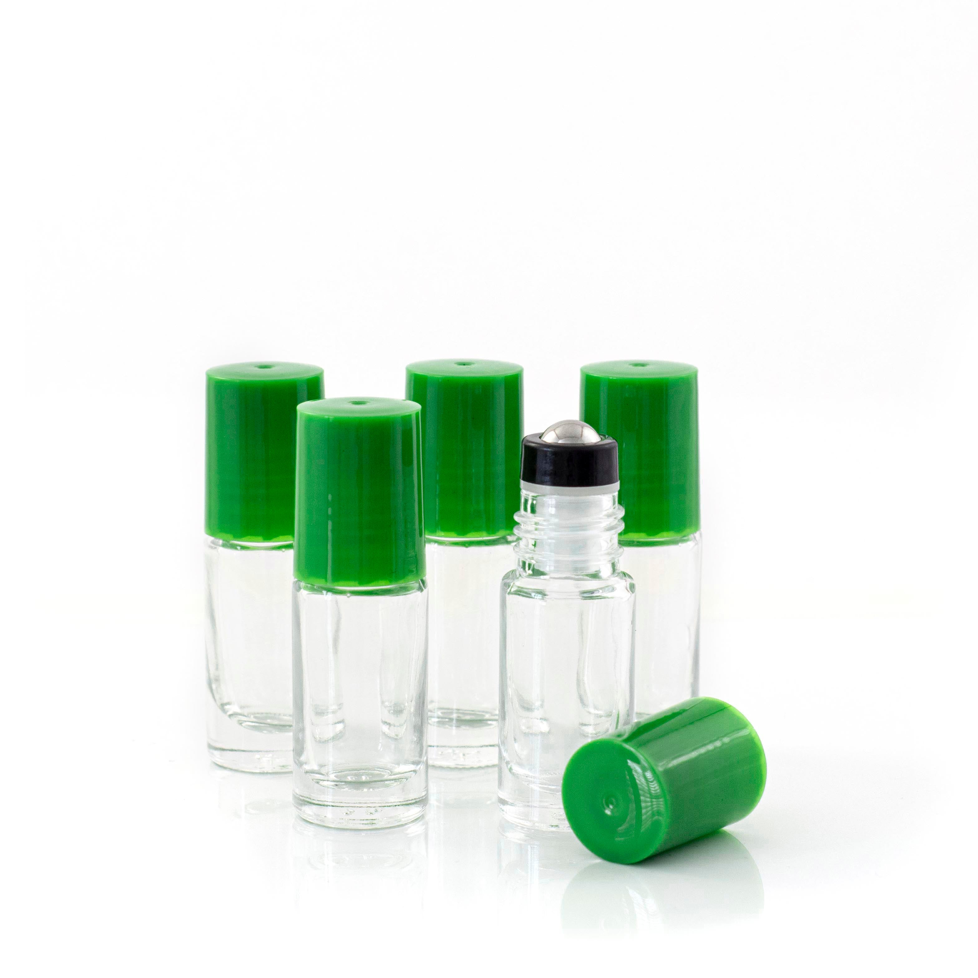 5ml Clear Glass Roller Bottle with Fern (Green) Lid & Premium Stainless Steel Rollerball – 5 pack