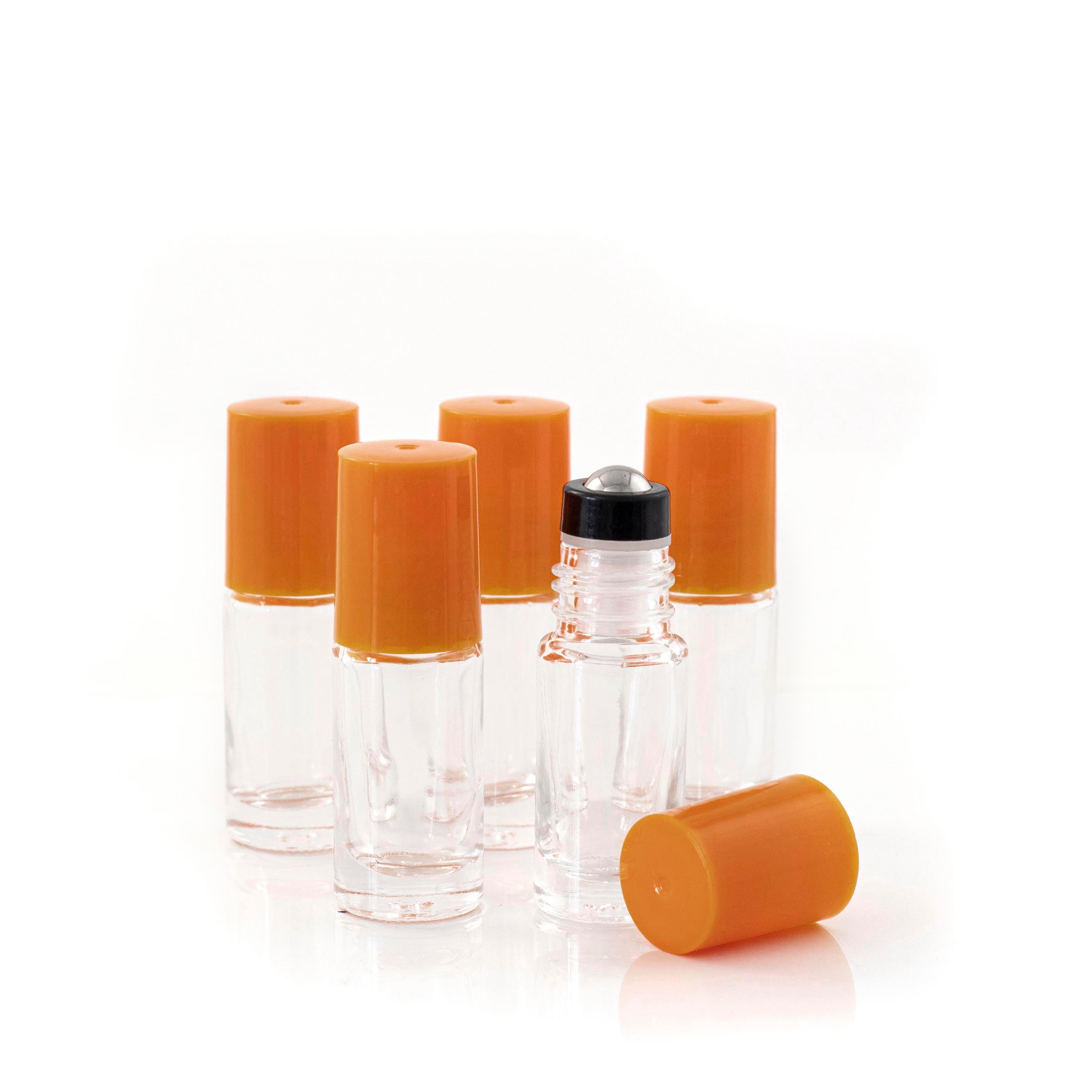5ml Clear Glass Roller Bottle with Tangerine (Orange) Lid & Premium Stainless Steel Rollerball – 5 pack