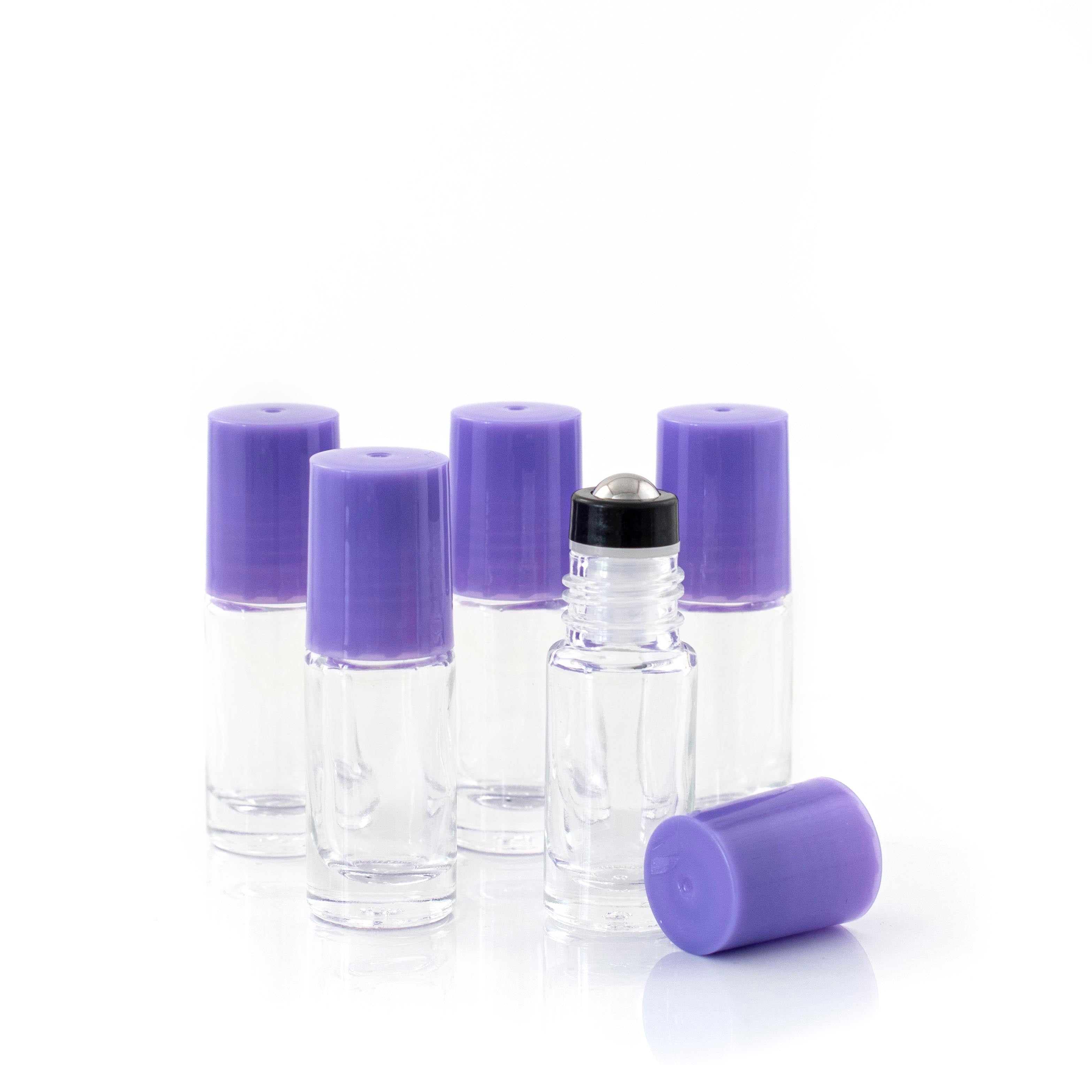 5ml Clear Glass Roller Bottle with Amethyst (Purple) Lid & Premium Stainless Steel Rollerball - 5 Pack