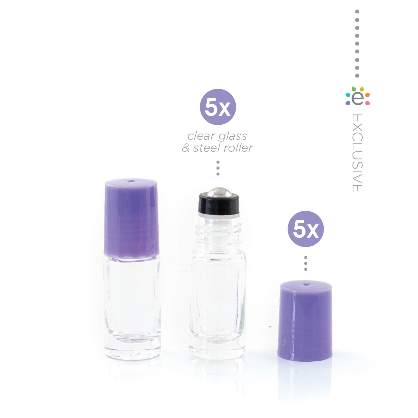 5ml Clear Glass Roller Bottle with Amethyst (Purple) Lid & Premium Stainless Steel Rollerball - 5 Pack