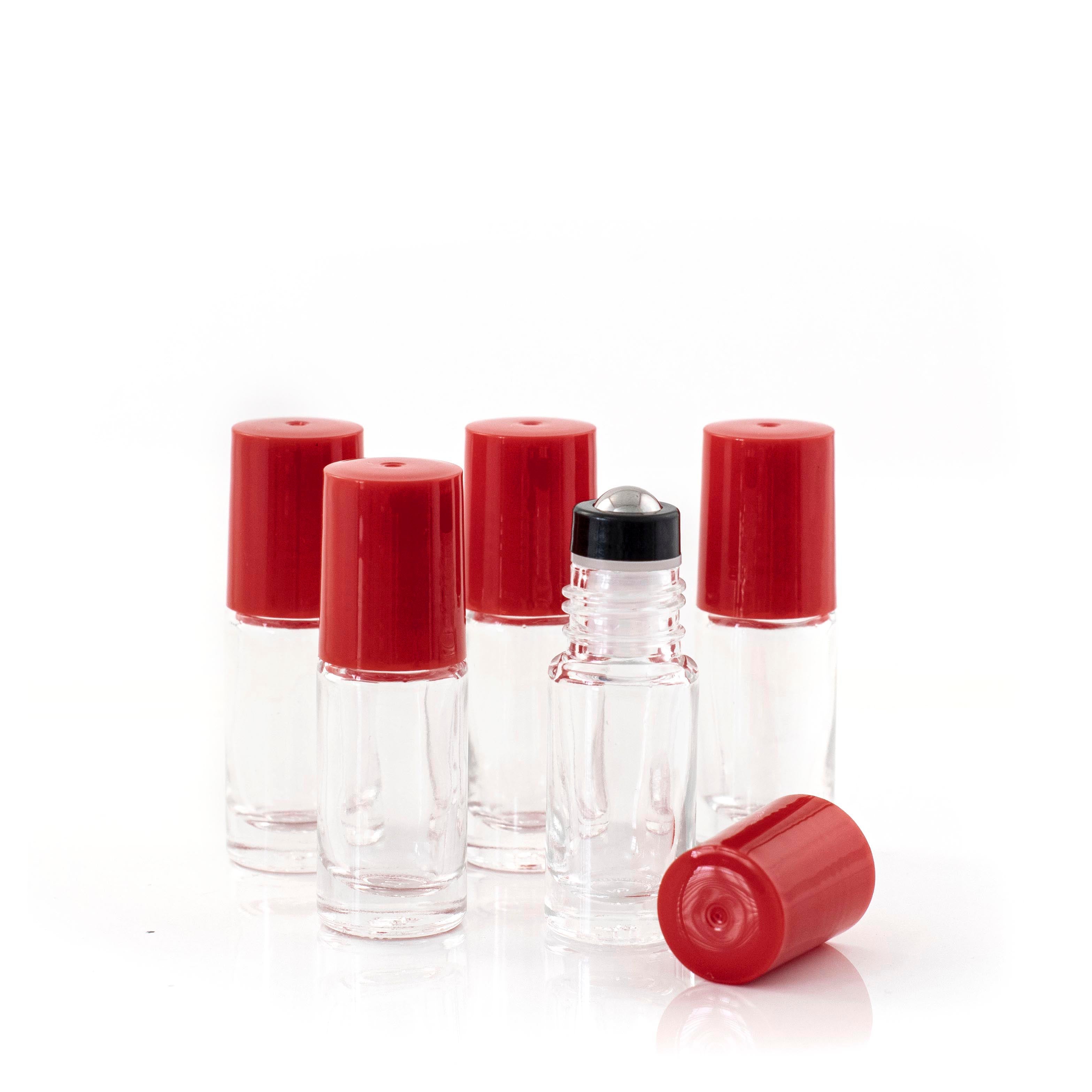 5ml Clear Glass Roller Bottle with Lipstick Kiss (Red) Lid & Premium Stainless Steel Rollerball – 5 pack