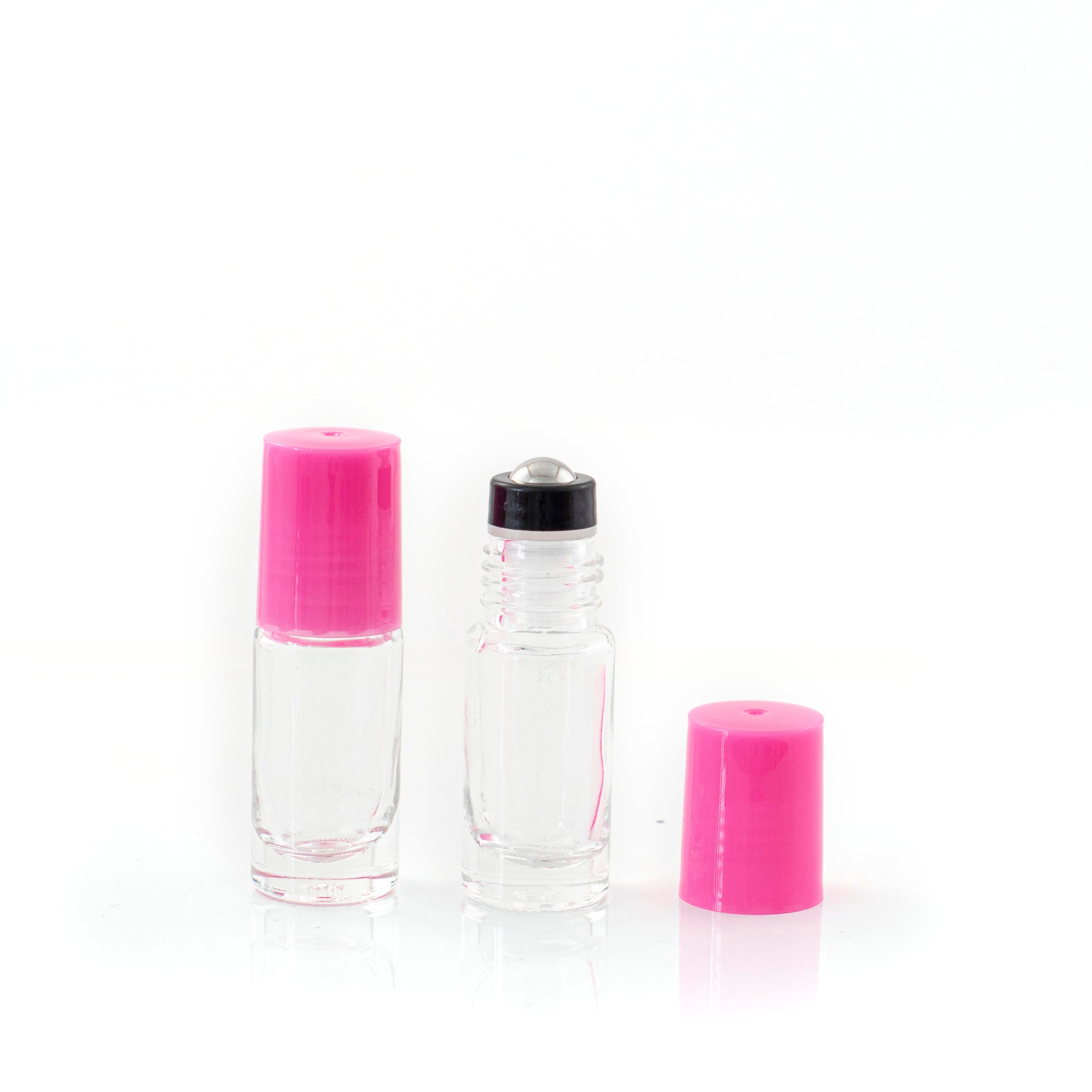 5ml Clear Glass Roller Bottle with Tutu (Pink) Lid & Premium Stainless Steel Rollerball – 5 pack