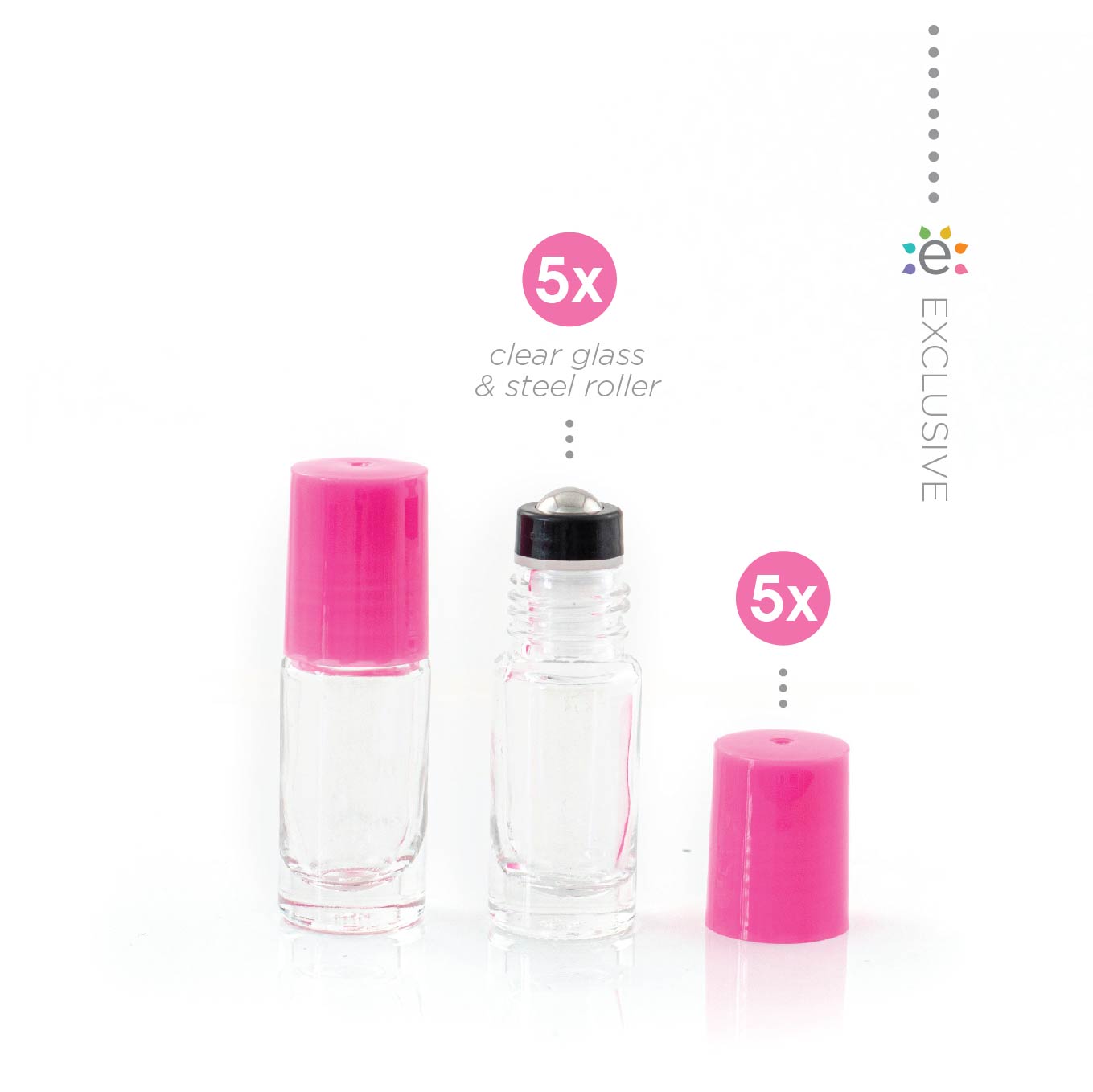 5ml Clear Glass Roller Bottle with Tutu (Pink) Lid & Premium Stainless Steel Rollerball – 5 pack