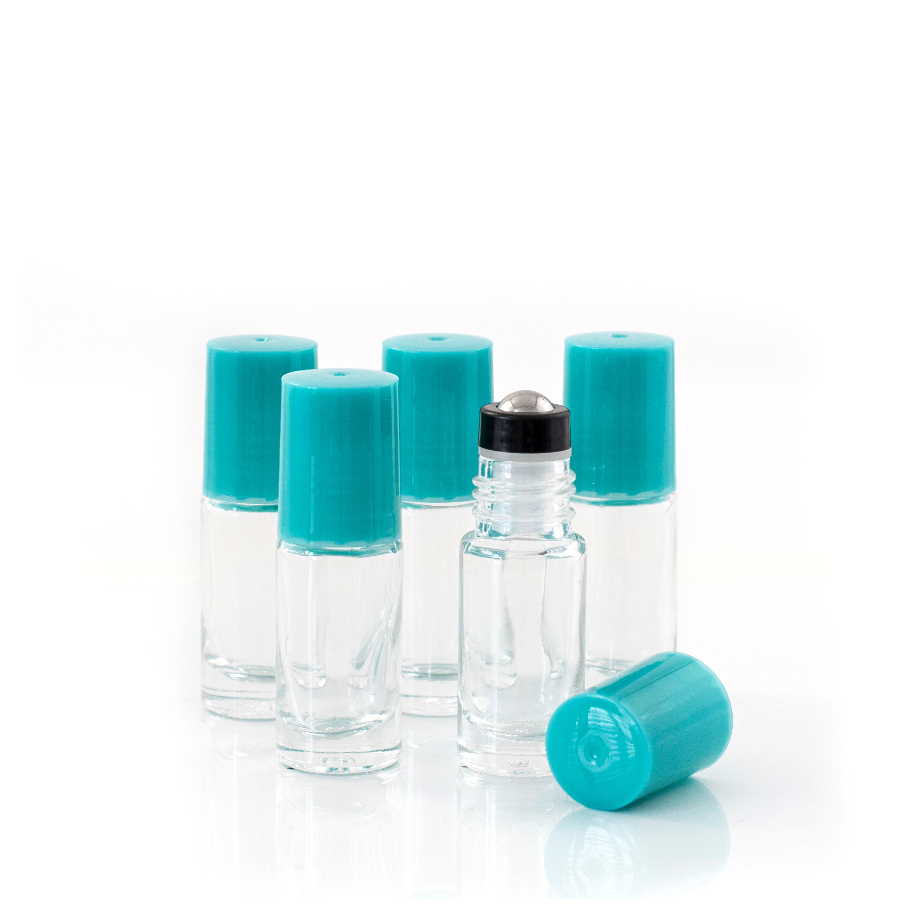 5ml Clear Glass Roller Bottle with Mermaid Tail (Teal) Lid & Premium Stainless Steel Rollerball – 5 pack