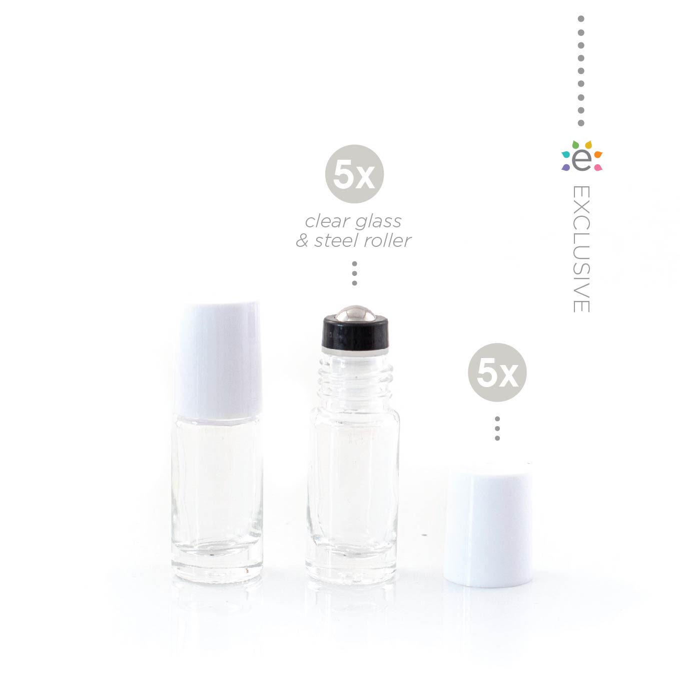 5ml Clear Glass Roller Bottle with Snow (White) Lid & Premium Stainless Steel Rollerball – 5 pack