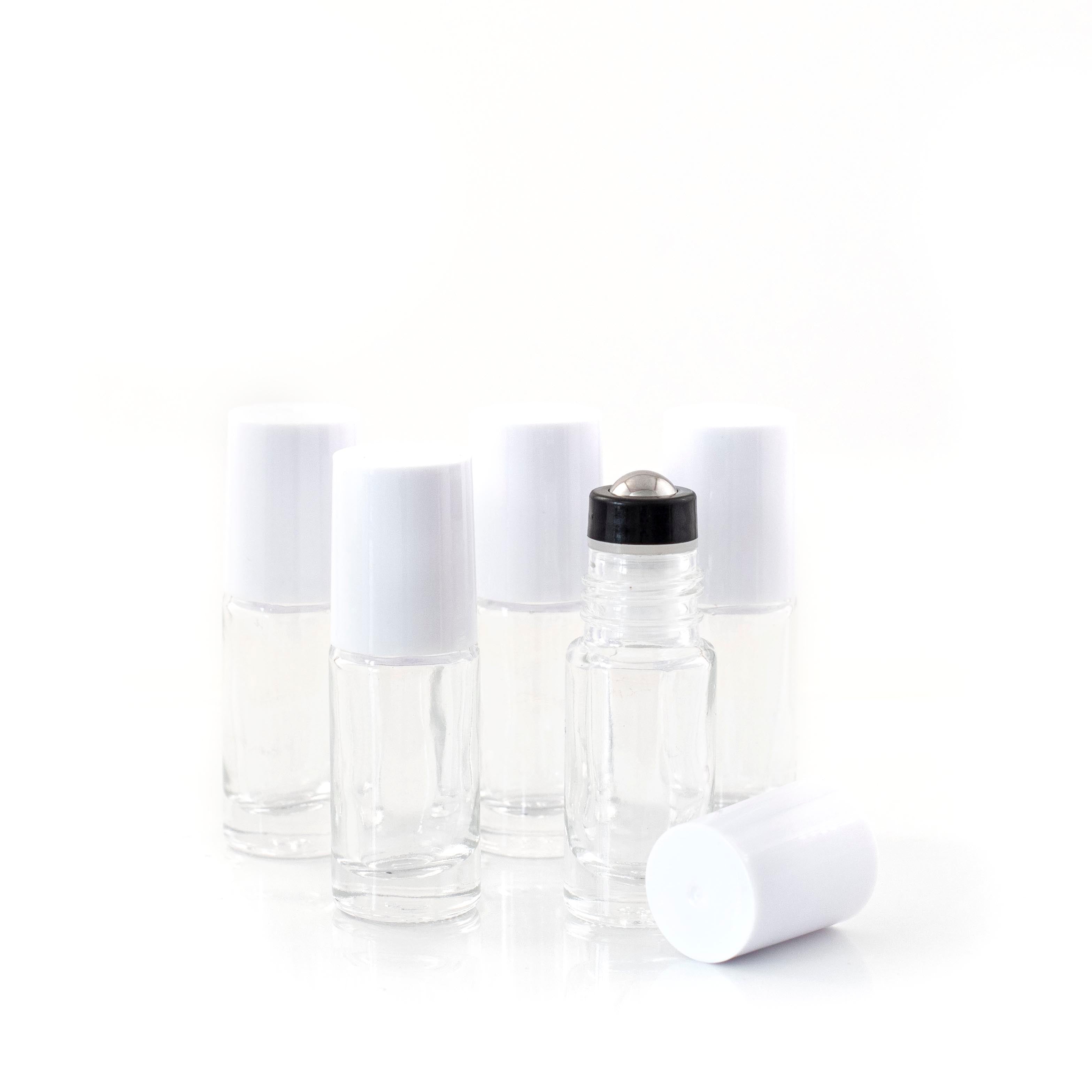 5ml Clear Glass Roller Bottle with Snow (White) Lid & Premium Stainless Steel Rollerball – 5 pack