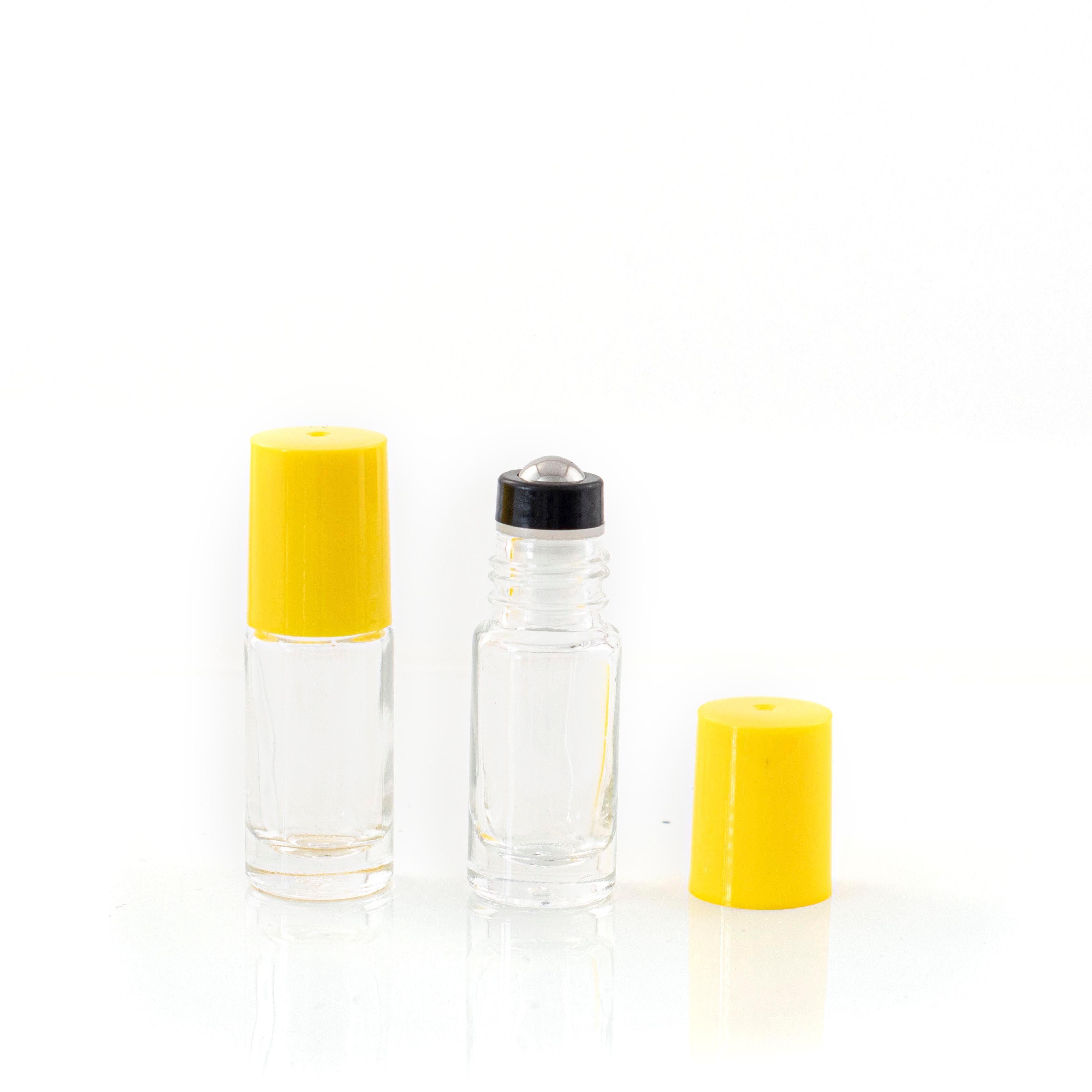 5ml Clear Glass Roller Bottle with Confetti (Yellow) Lid & Premium Stainless Steel Rollerball – 5 pack