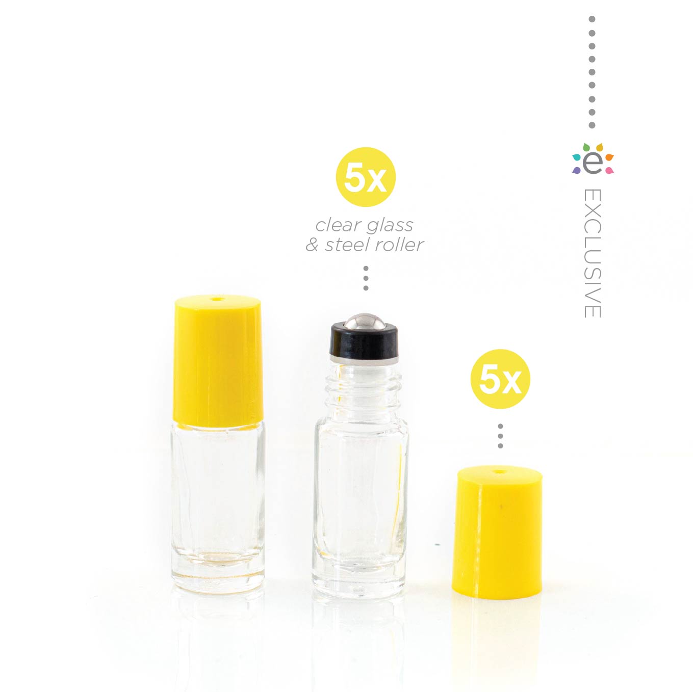 5ml Clear Glass Roller Bottle with Confetti (Yellow) Lid & Premium Stainless Steel Rollerball – 5 pack