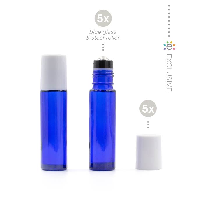 10ml Blue Glass Roller Bottle with Snow (White) Lid & Stainless Steel Rollerball