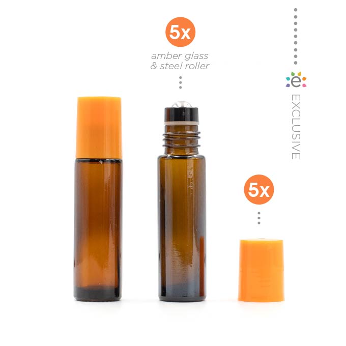 10ml Amber Glass Roller Bottle with Tangerine (Orange) Lid & Premium Stainless Steel Rollerball – 5 pack
