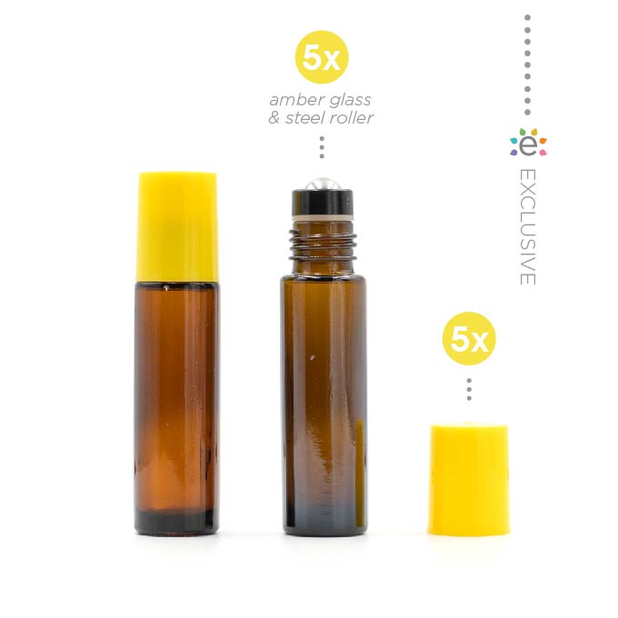 10ml Amber Glass Roller Bottle with Confetti (Yellow) Lid & Premium Stainless Steel Rollerball – 5 pack