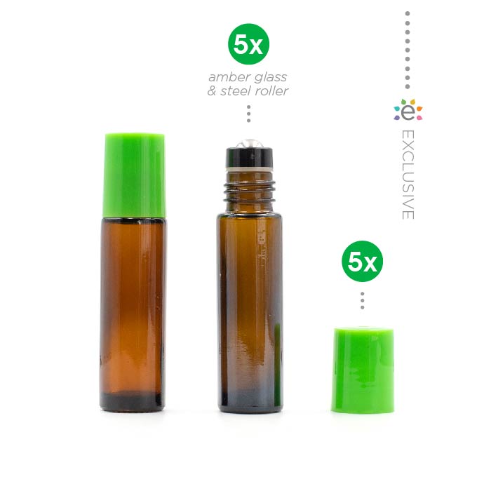 10ml Amber Glass Roller Bottle with Fern (Green) Lid & Premium Stainless Steel Rollerball – 5 pack