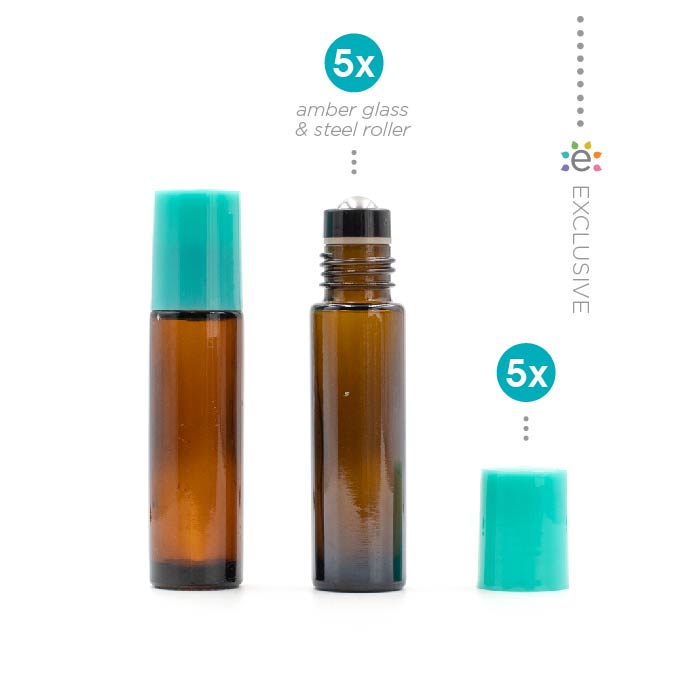 10ml Amber Glass Roller Bottle with Mermaid Tail (Teal) Lid & Premium Stainless Steel Rollerball – 5 pack