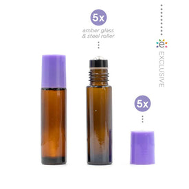 10ml Amber Glass Roller Bottle with Amethyst (Purple) Lid & Premium Stainless Steel Rollerball – 5 pack