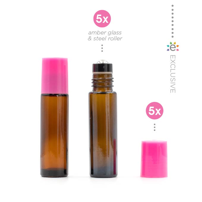 10ml Amber Glass Roller Bottle with Tutu (Pink) Lid & Premium Stainless Steel Rollerball – 5 pack