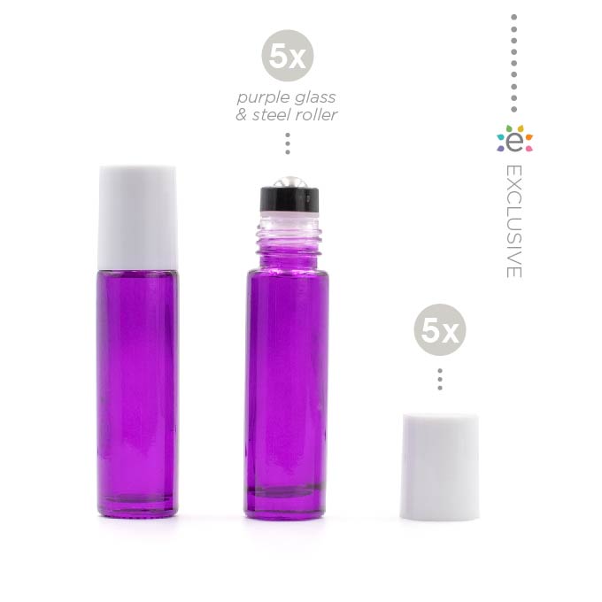 10ml Purple Glass Roller Bottle with Snow (White) Lid & Premium Stainless Steel Rollerball - 5 pack