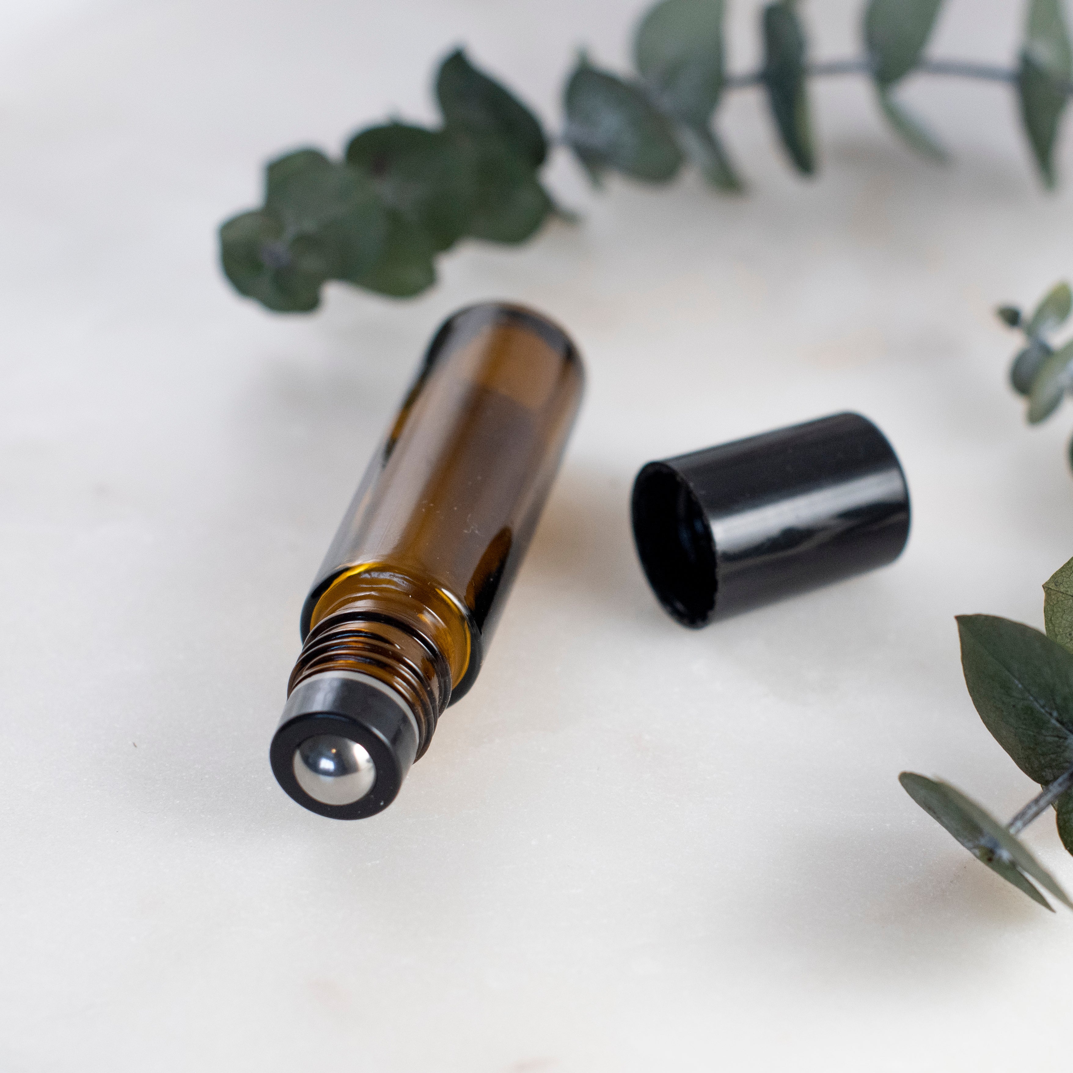 10ml Amber Glass Roller Bottle with Black Lid & Premium Stainless Steel Rollerball - 5 pack