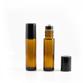 10ml Amber Glass Roller Bottle with Black Lid & Premium Stainless Steel Rollerball - 5 pack
