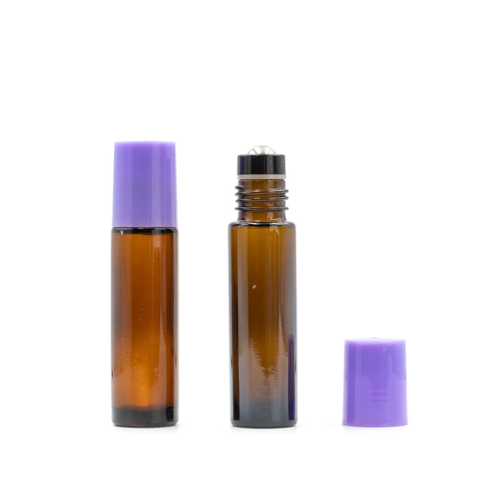 10ml Amber Glass Roller Bottle with Amethyst (Purple) Lid & Premium Stainless Steel Rollerball – 5 pack