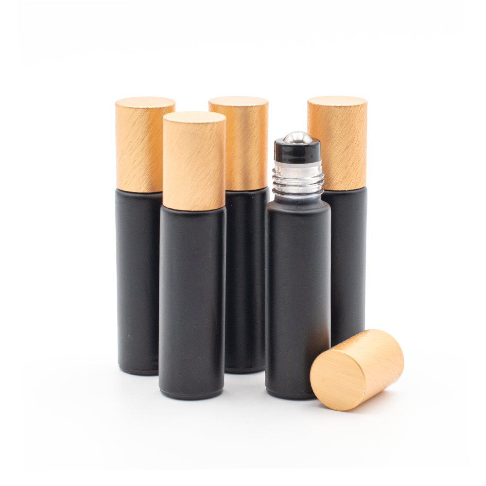 Deluxe Matte 10ml Black Roller Bottle with Rose Gold Metallic Cap & Premium Roller (5 Pack)